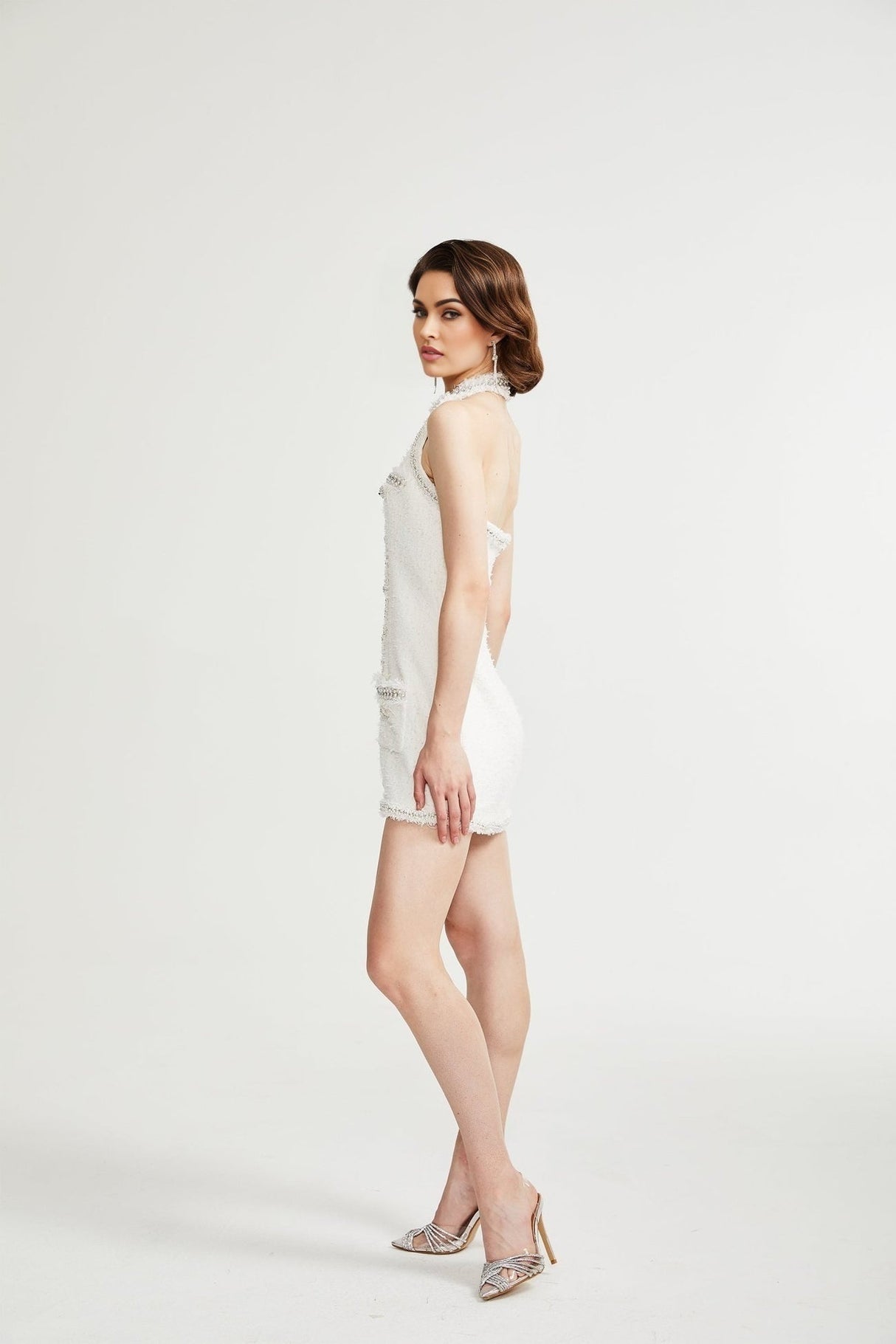 Giovannella Dress - White - Halter Neck - Thigh Length - Embellished & Buttoned