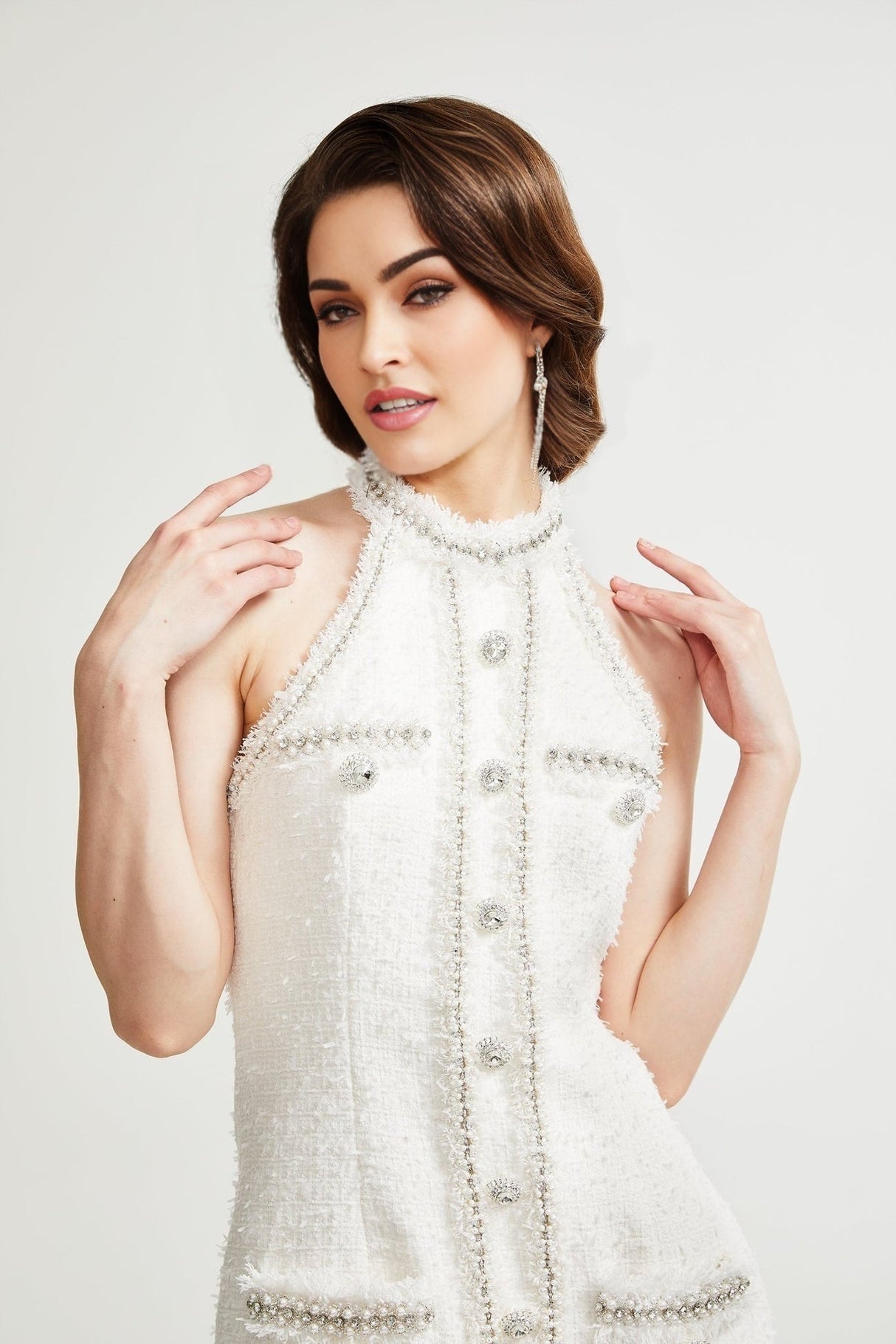 Giovannella Dress - White - Halter Neck - Thigh Length - Embellished & Buttoned
