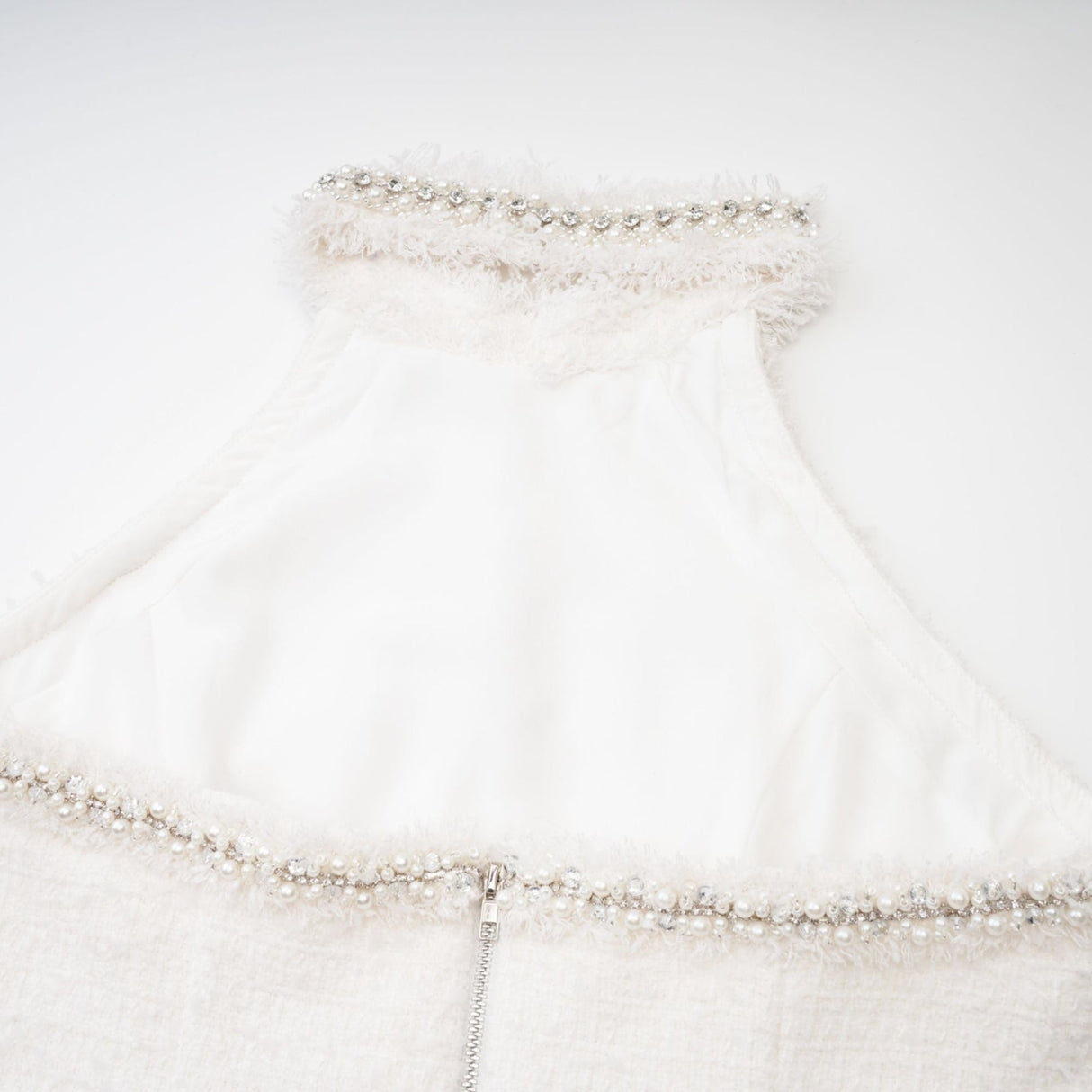 Giovannella Dress - White - Halter Neck - Thigh Length - Embellished & Buttoned