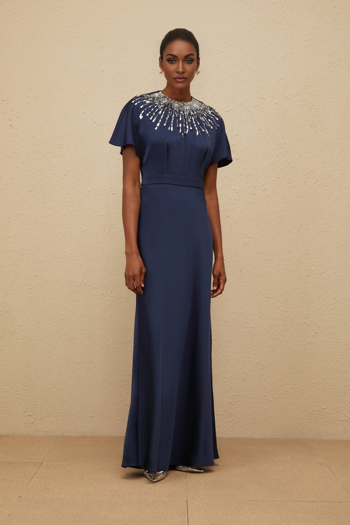 Giovannella Maxi Dress - Blue - Embellished - Crystals - Sequins - Open Back - Ribbon Fastening