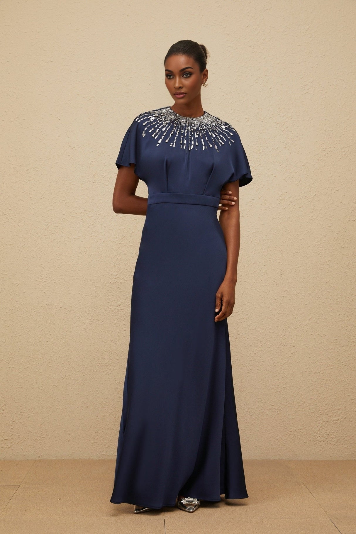 Giovannella Maxi Dress - Blue - Embellished - Crystals - Sequins - Open Back - Ribbon Fastening