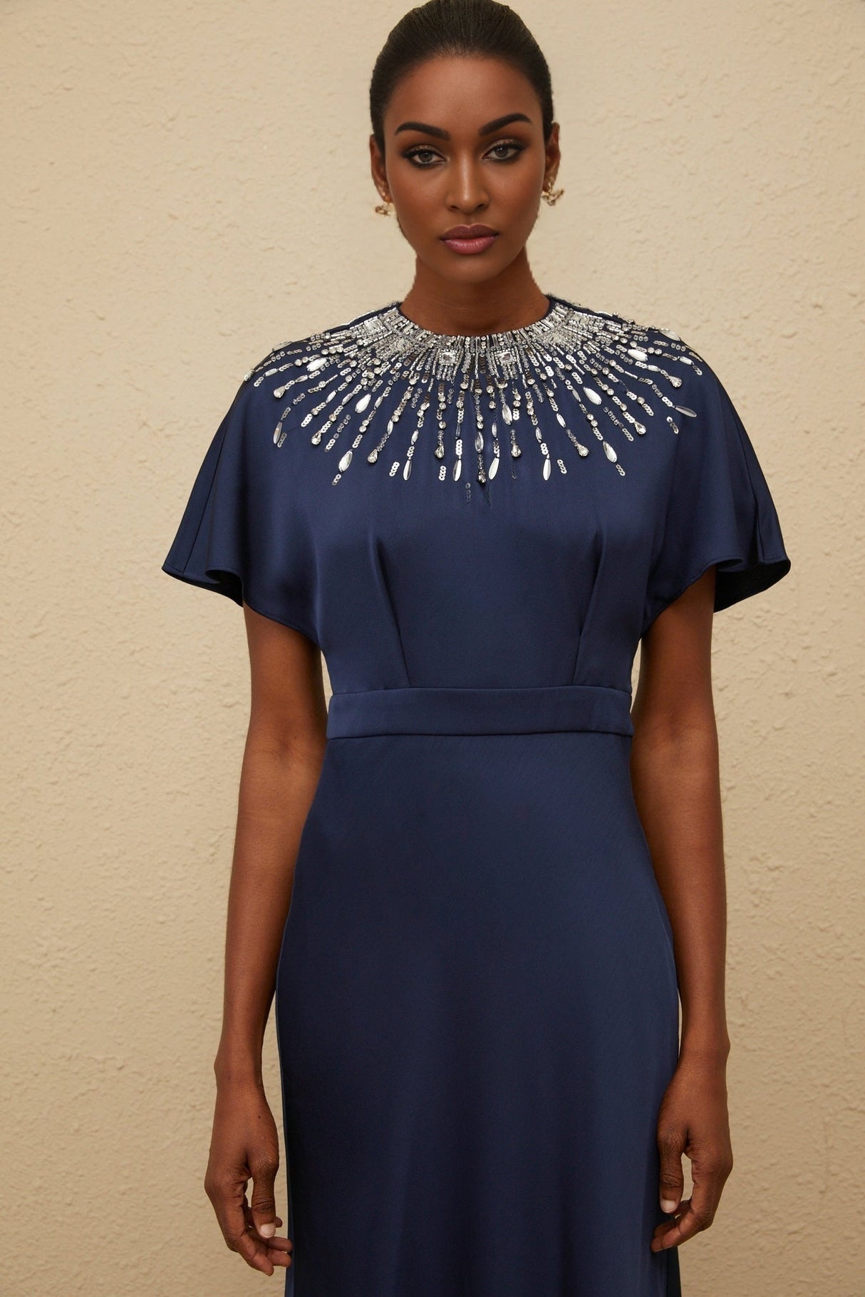 Giovannella Maxi Dress - Blue - Embellished - Crystals - Sequins - Open Back - Ribbon Fastening