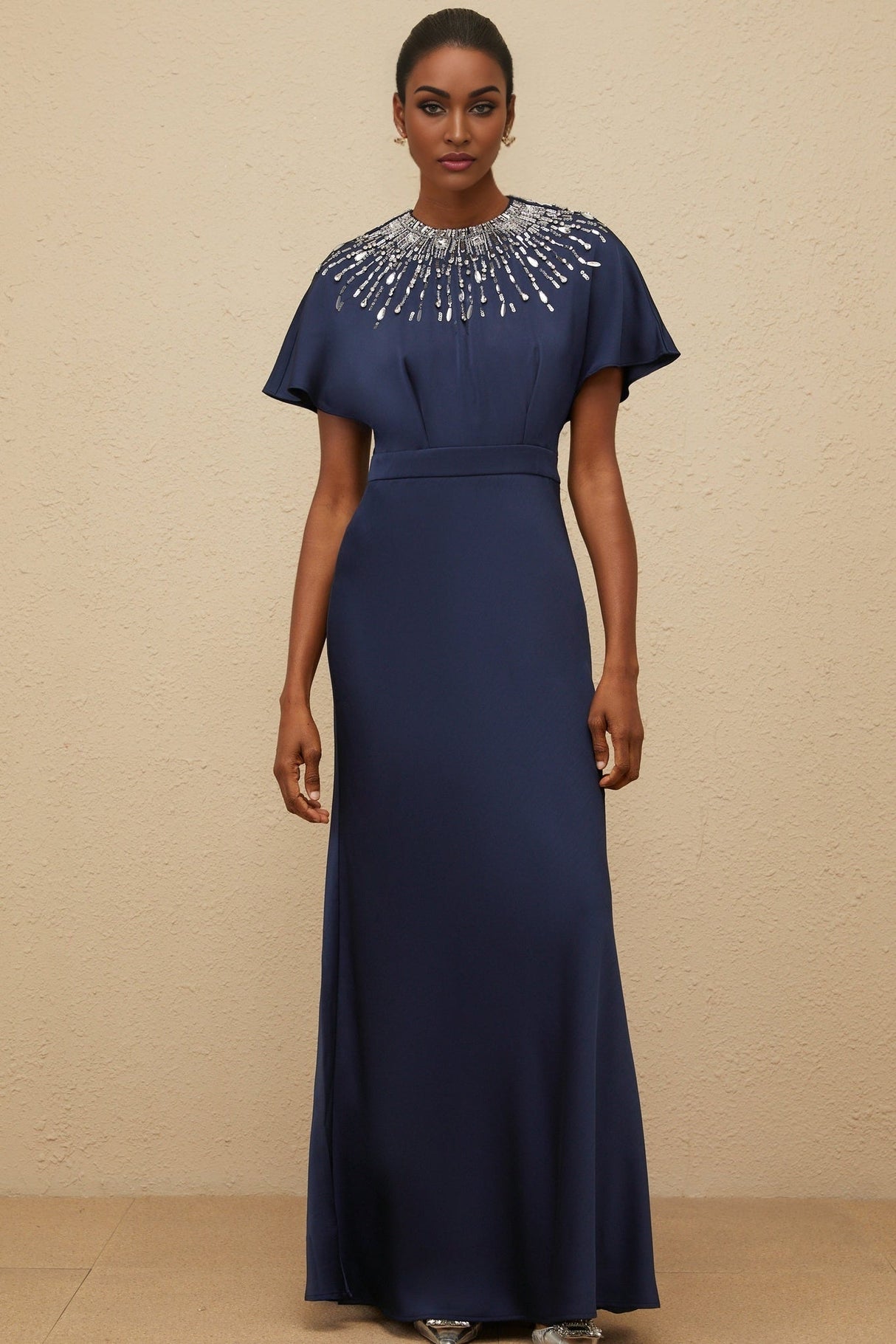 Giovannella Maxi Dress - Blue - Embellished - Crystals - Sequins - Open Back - Ribbon Fastening