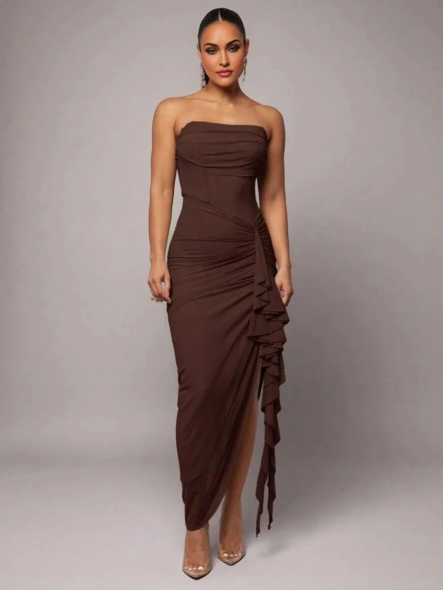 Giovannella Maxi Dress - Strapless Neckline - Refined Style - Slim Fit - High Waist Line - Sleeveless Design - Asymmetrical, Draped, Split Thigh