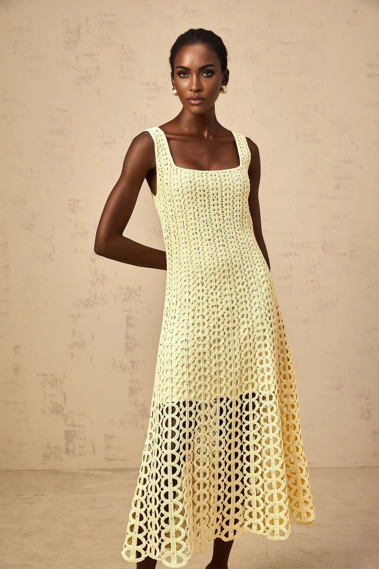 Giovannella Midi Dress Crochet Knit Cut - Out Sparkling Rhinestone & Flared Hem