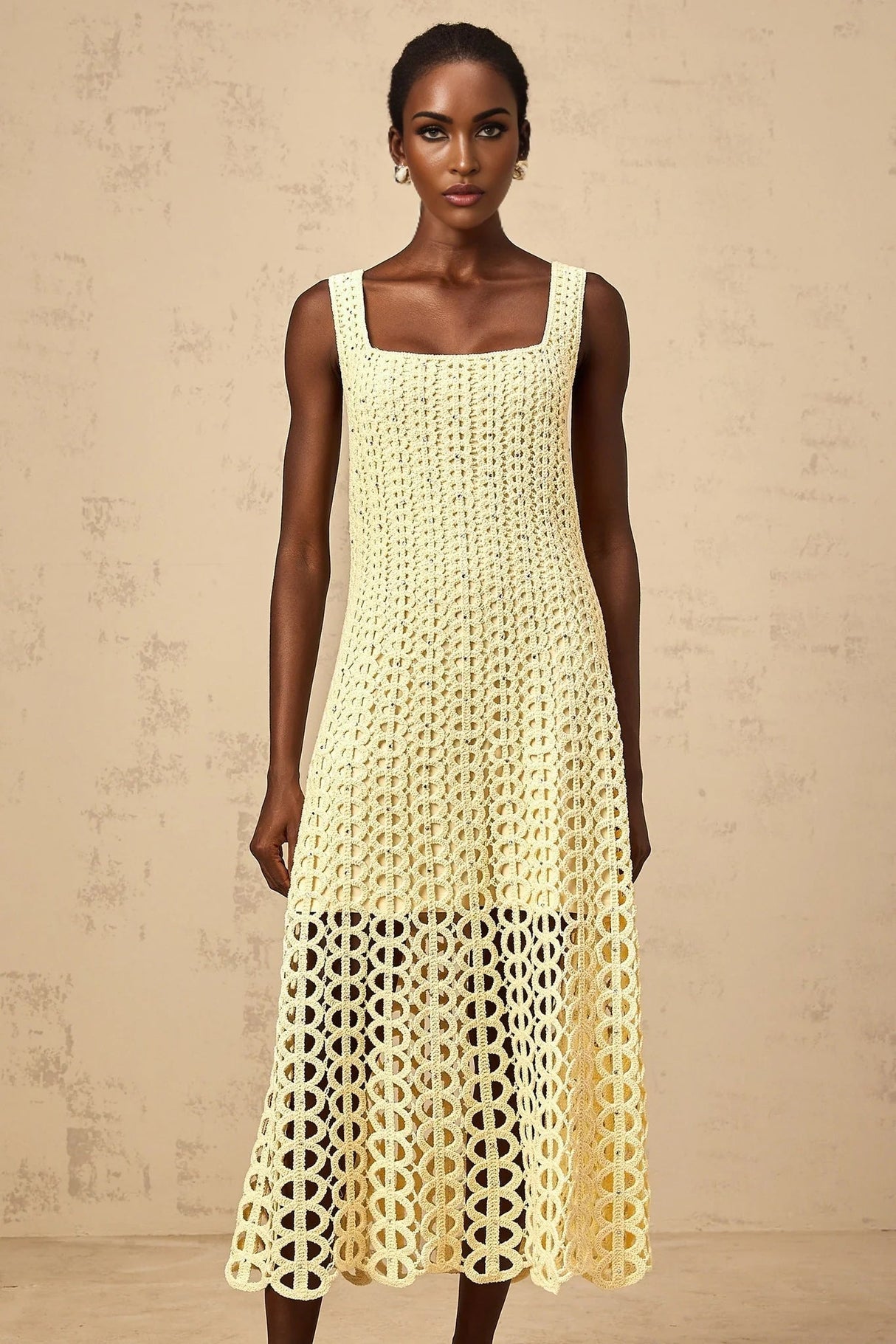 Giovannella Midi Dress Crochet Knit Cut - Out Sparkling Rhinestone & Flared Hem