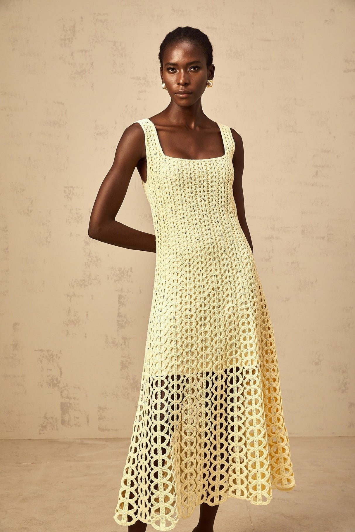 Giovannella Midi Dress Crochet Knit Cut - Out Sparkling Rhinestone & Flared Hem