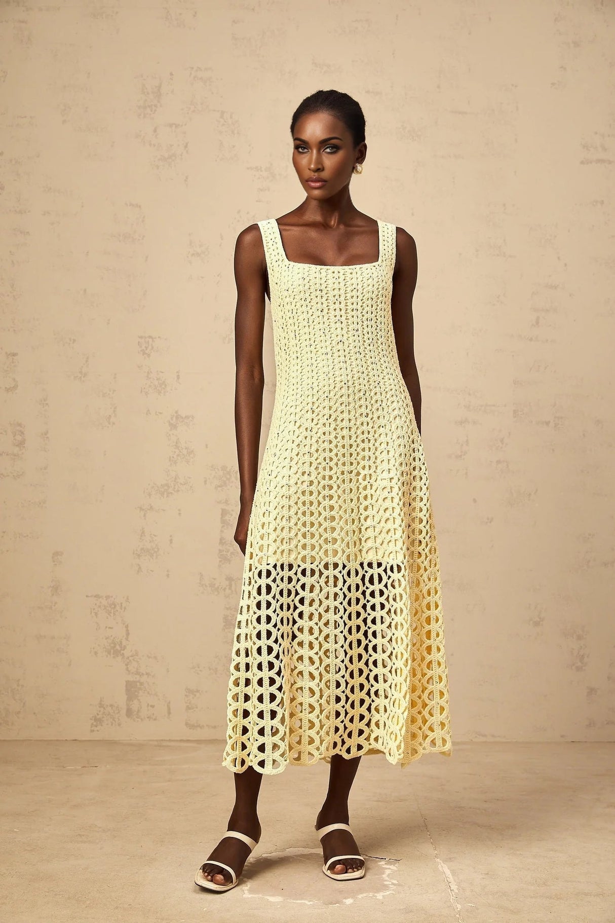 Giovannella Midi Dress Crochet Knit Cut - Out Sparkling Rhinestone & Flared Hem