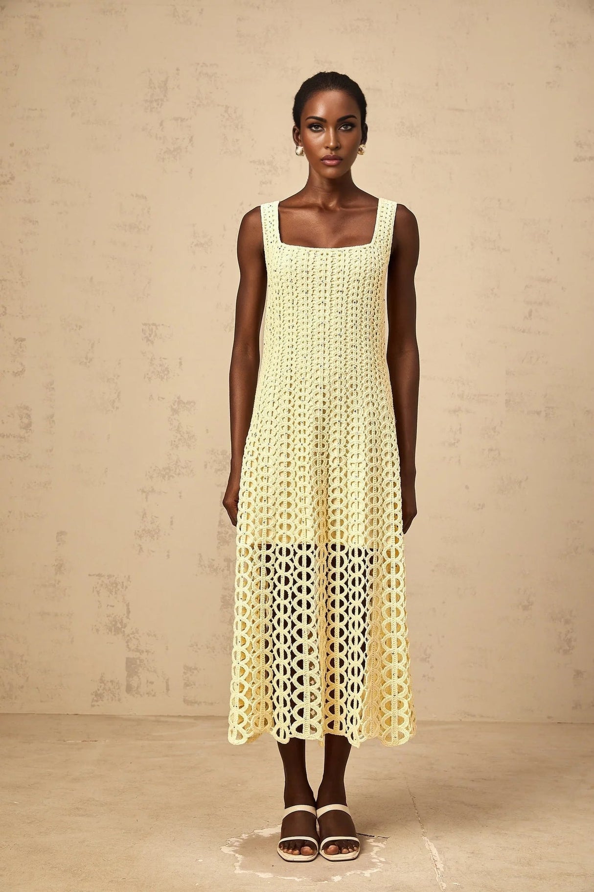 Giovannella Midi Dress Crochet Knit Cut - Out Sparkling Rhinestone & Flared Hem