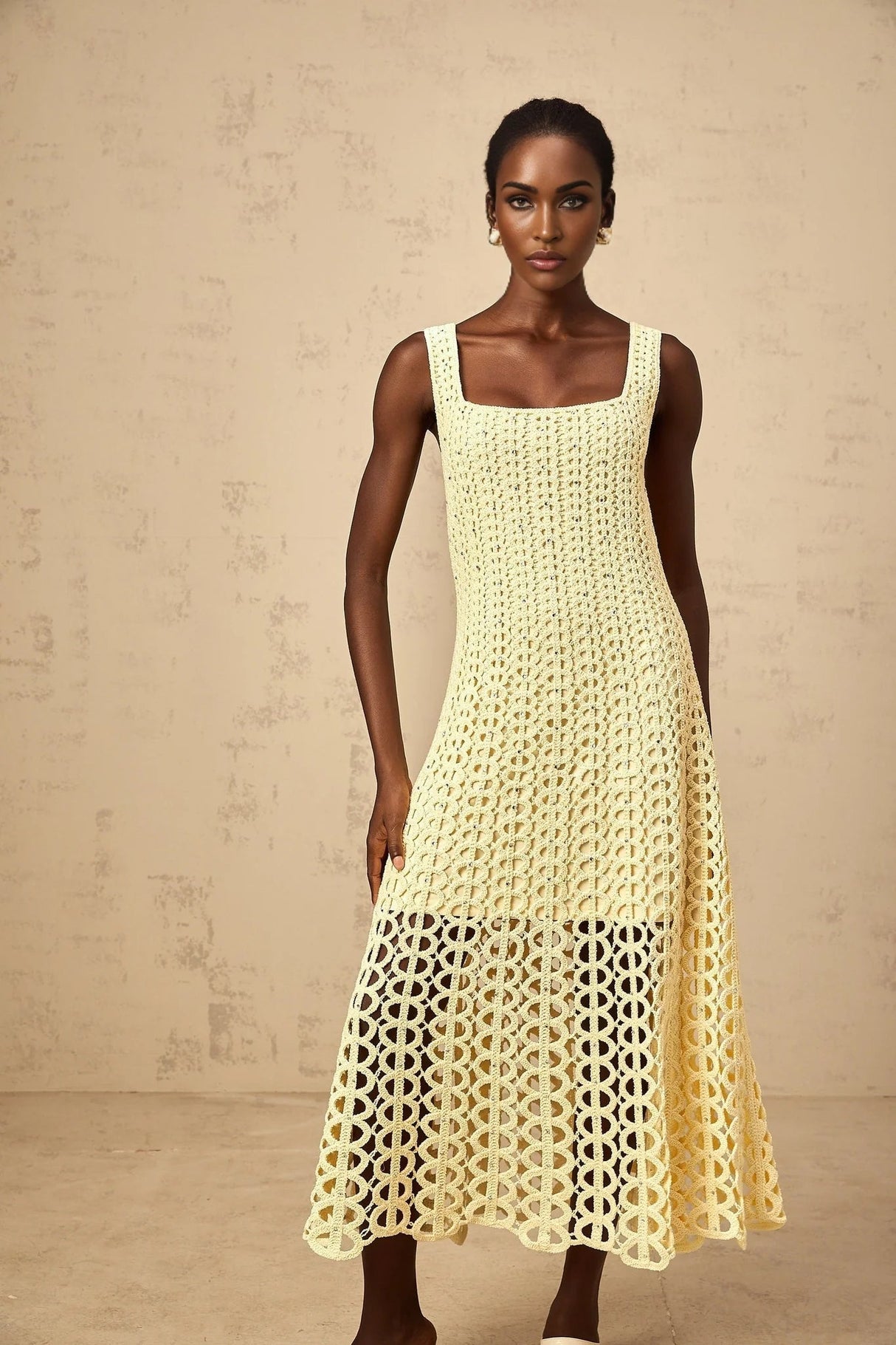 Giovannella Midi Dress Crochet Knit Cut - Out Sparkling Rhinestone & Flared Hem