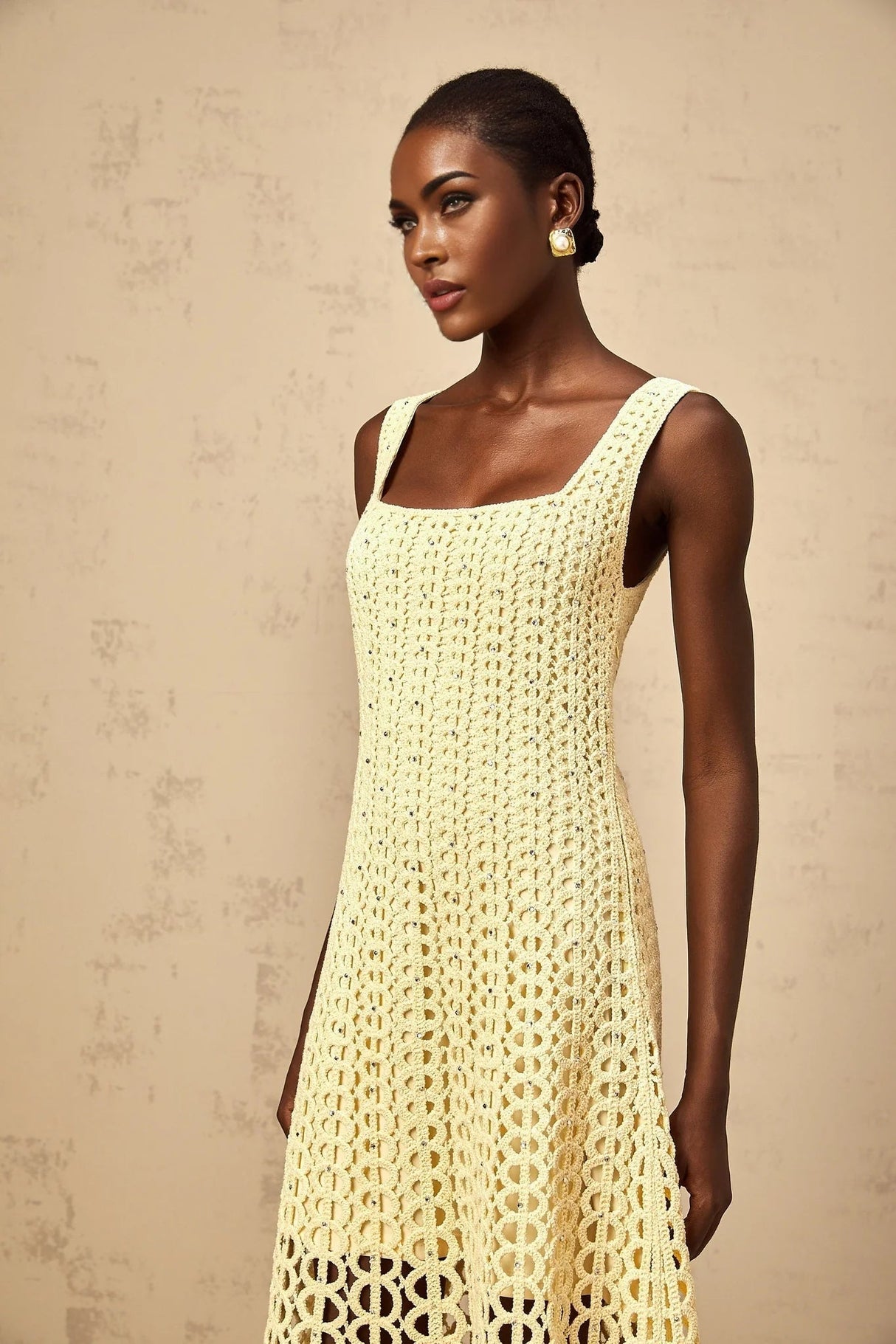 Giovannella Midi Dress Crochet Knit Cut - Out Sparkling Rhinestone & Flared Hem