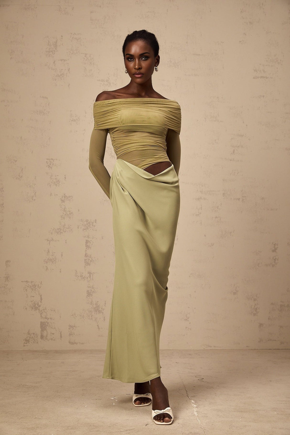 Giovannella Midi Dress - Off the Shoulder Design - Tulle Panelling - Ruched Detailing - Draped Detailing