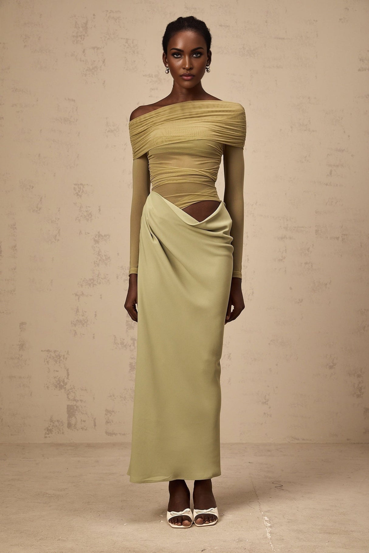 Giovannella Midi Dress - Off the Shoulder Design - Tulle Panelling - Ruched Detailing - Draped Detailing