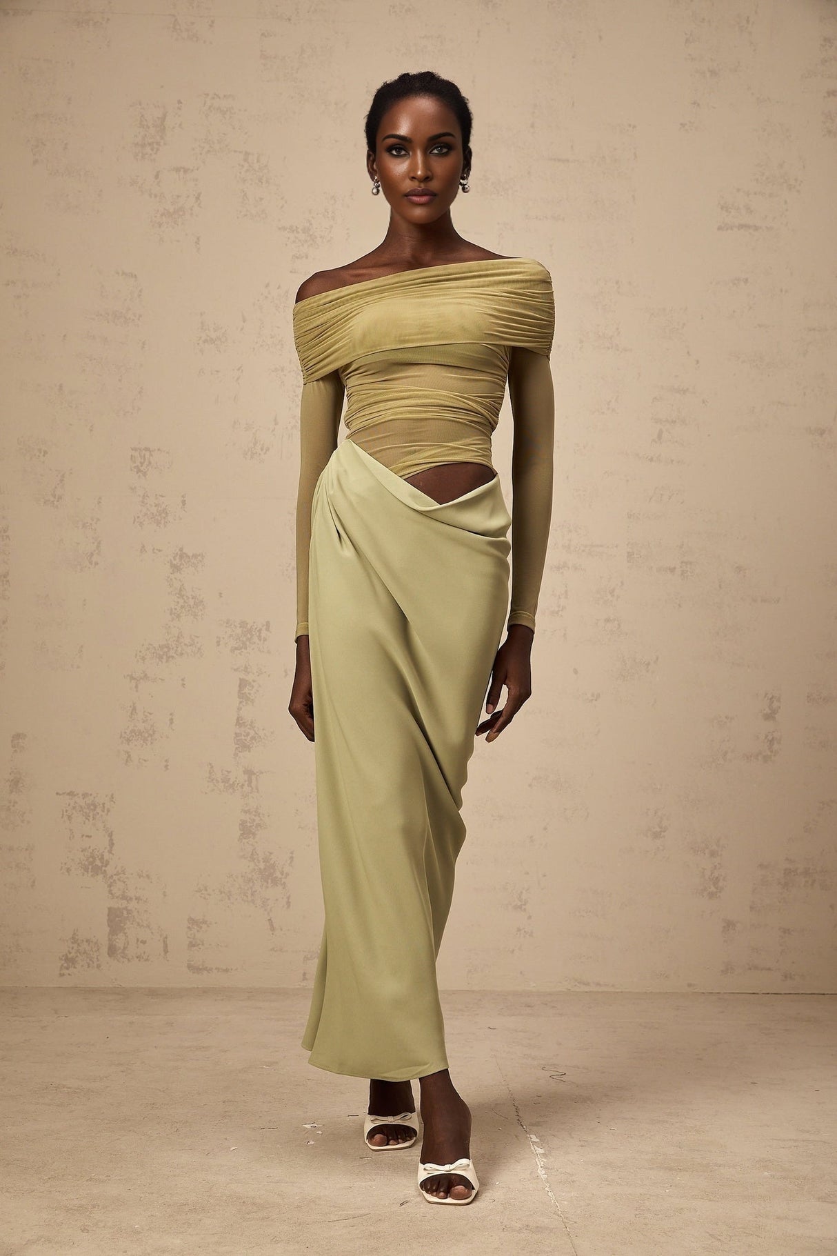 Giovannella Midi Dress - Off the Shoulder Design - Tulle Panelling - Ruched Detailing - Draped Detailing