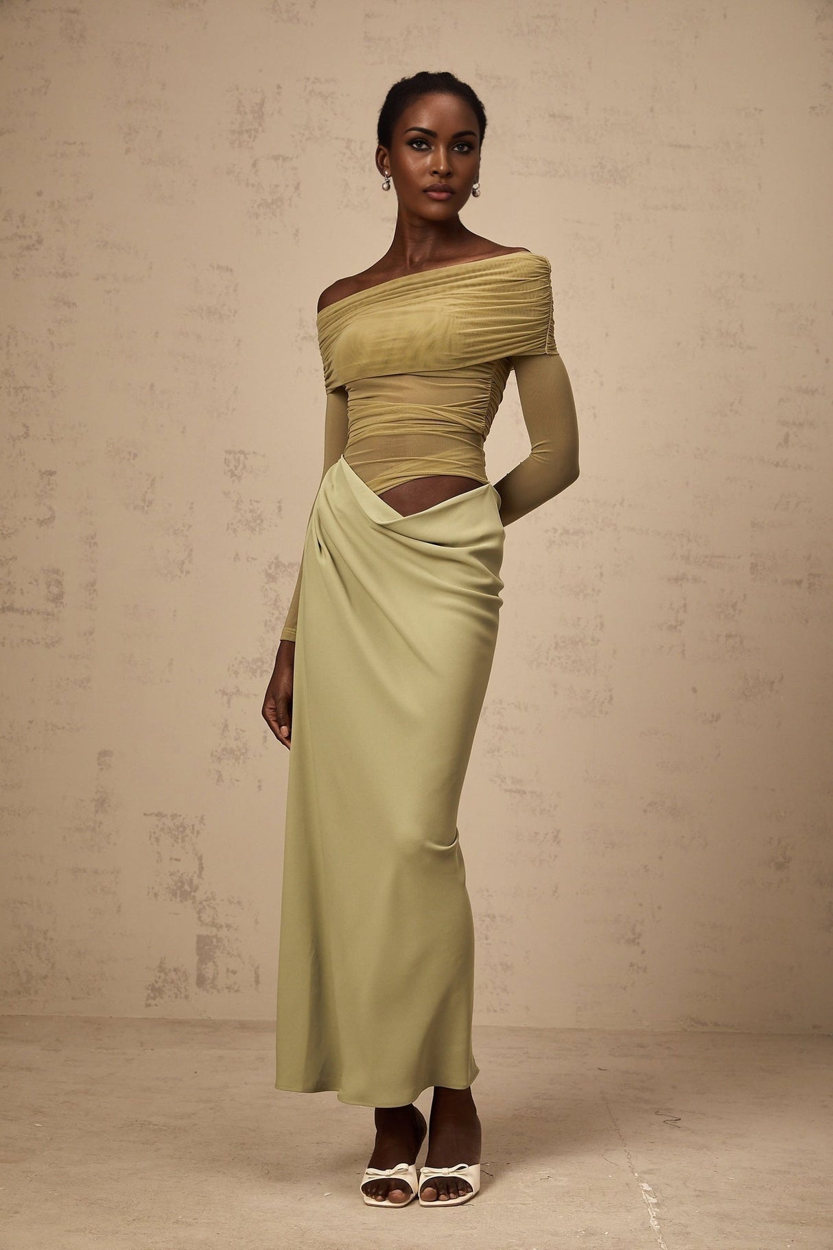 Giovannella Midi Dress - Off the Shoulder Design - Tulle Panelling - Ruched Detailing - Draped Detailing