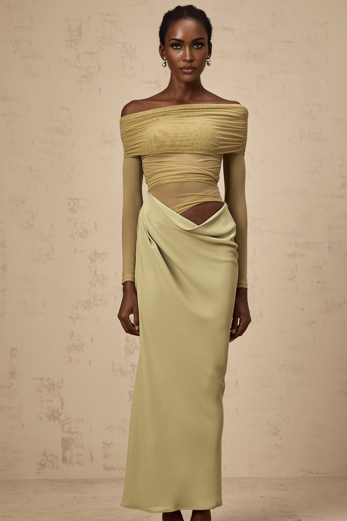 Giovannella Midi Dress - Off the Shoulder Design - Tulle Panelling - Ruched Detailing - Draped Detailing