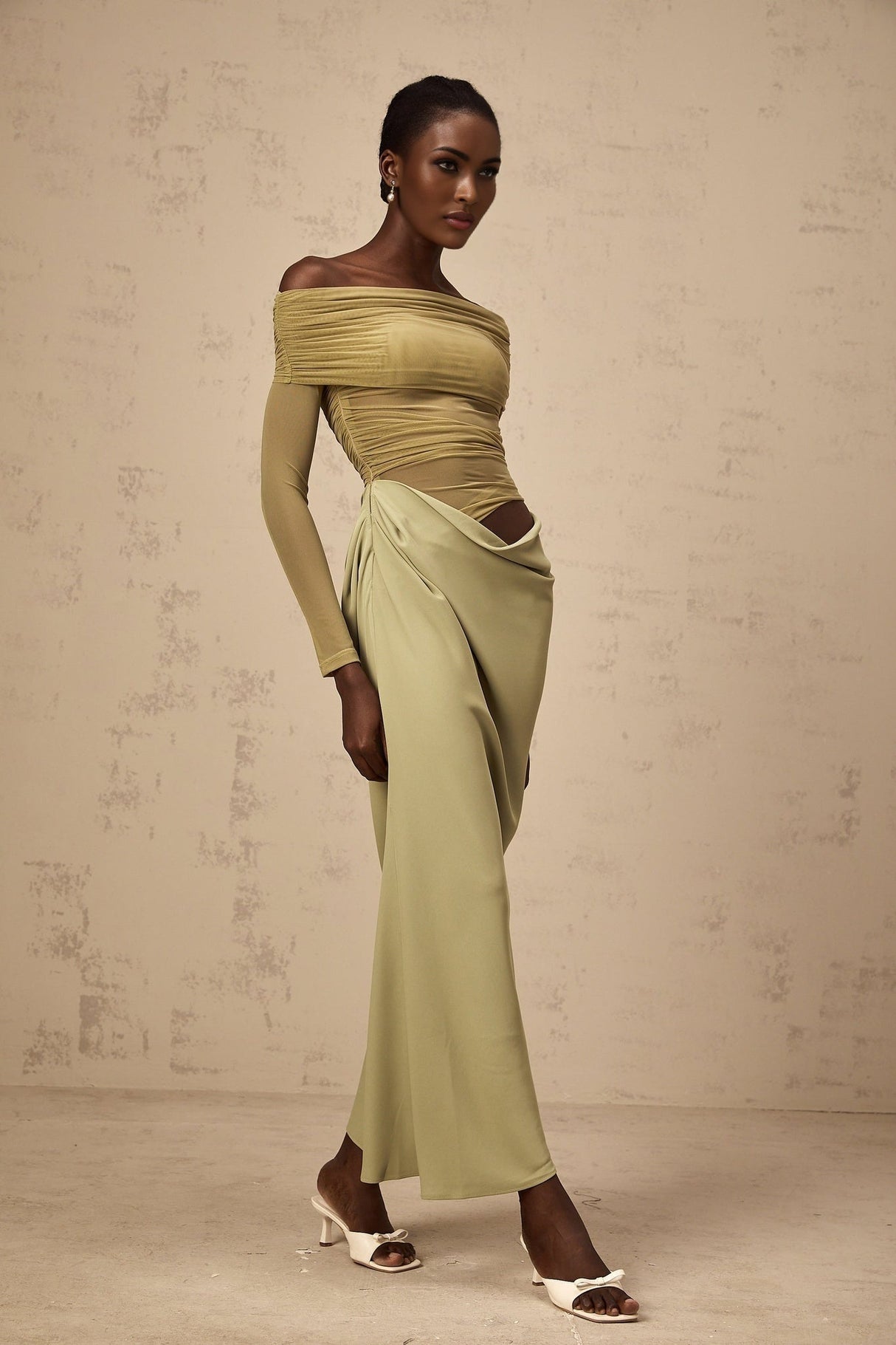 Giovannella Midi Dress - Off the Shoulder Design - Tulle Panelling - Ruched Detailing - Draped Detailing