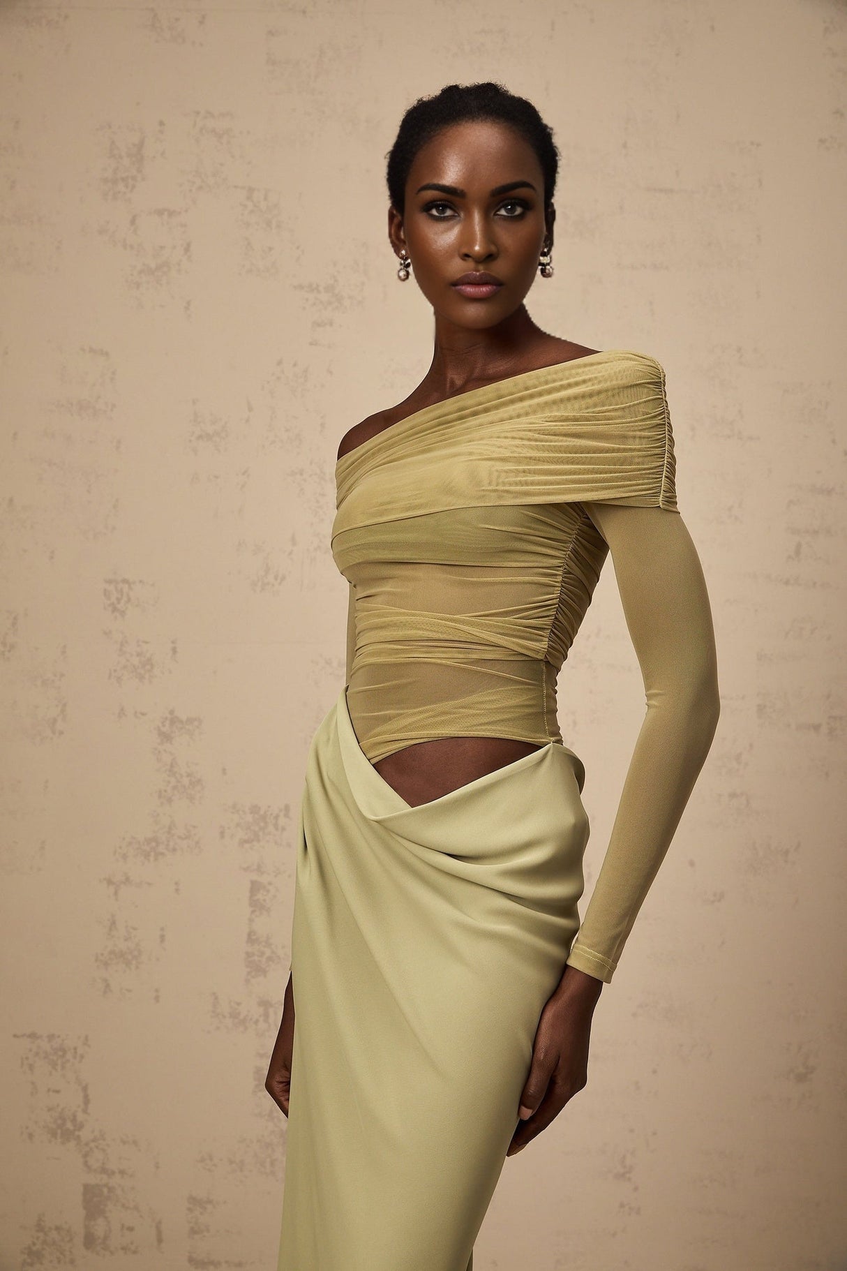 Giovannella Midi Dress - Off the Shoulder Design - Tulle Panelling - Ruched Detailing - Draped Detailing