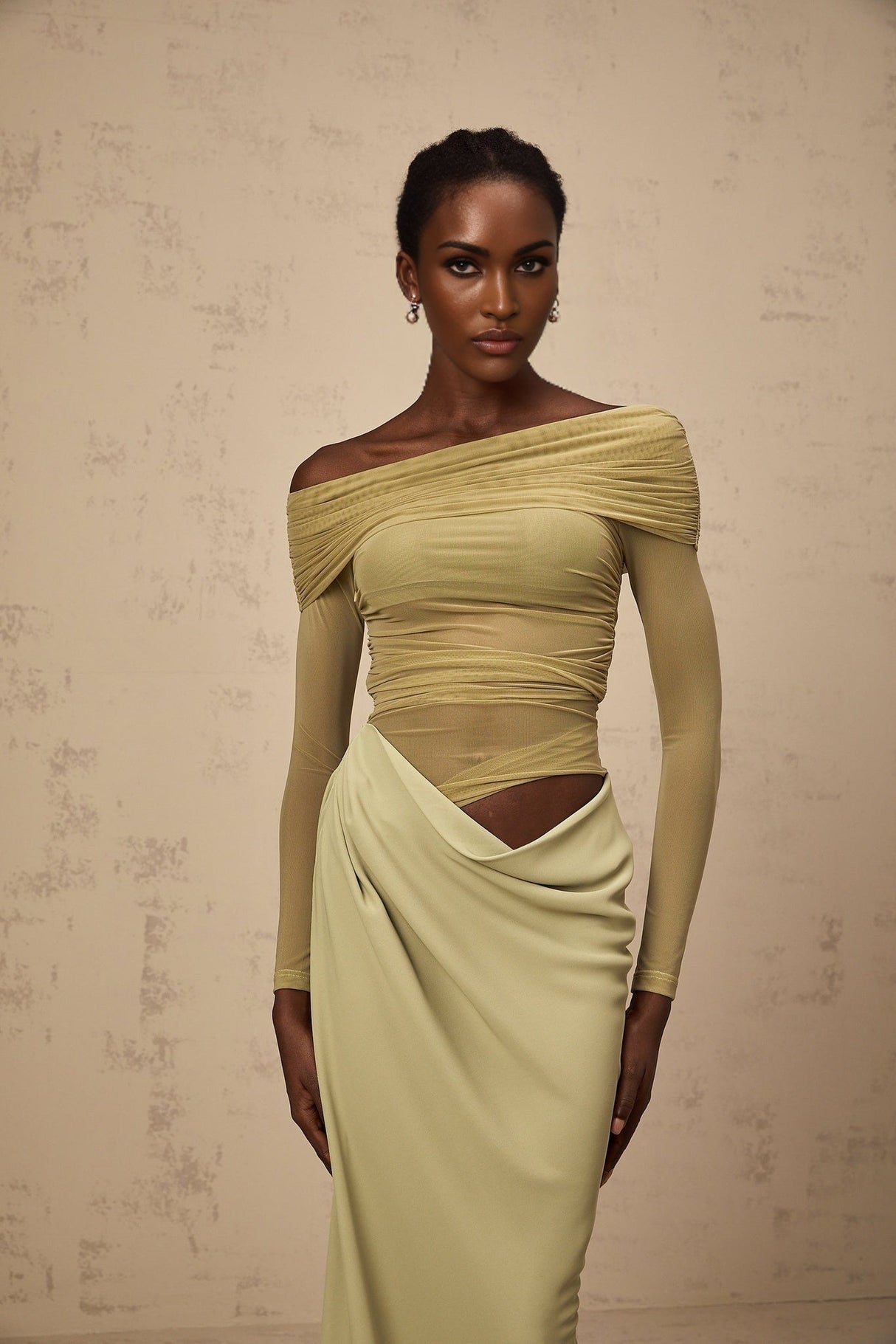 Giovannella Midi Dress - Off the Shoulder Design - Tulle Panelling - Ruched Detailing - Draped Detailing