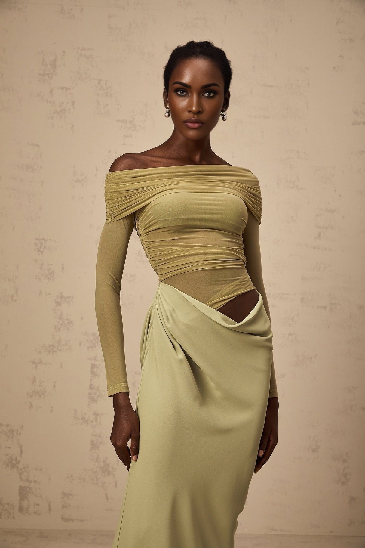 Giovannella Midi Dress - Off the Shoulder Design - Tulle Panelling - Ruched Detailing - Draped Detailing