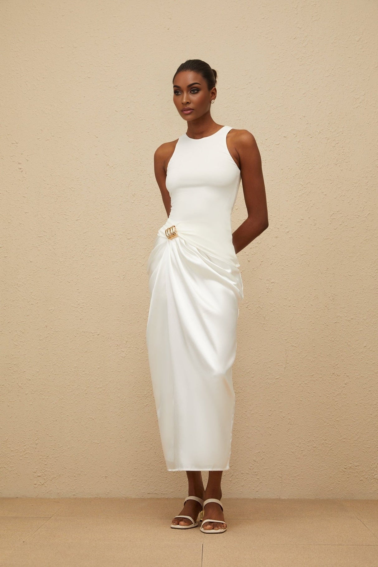 Giovannella Midi Dress - Sleeveless - Round Neck - Decorative Buckle - Ruched Detailing - Panelled Design