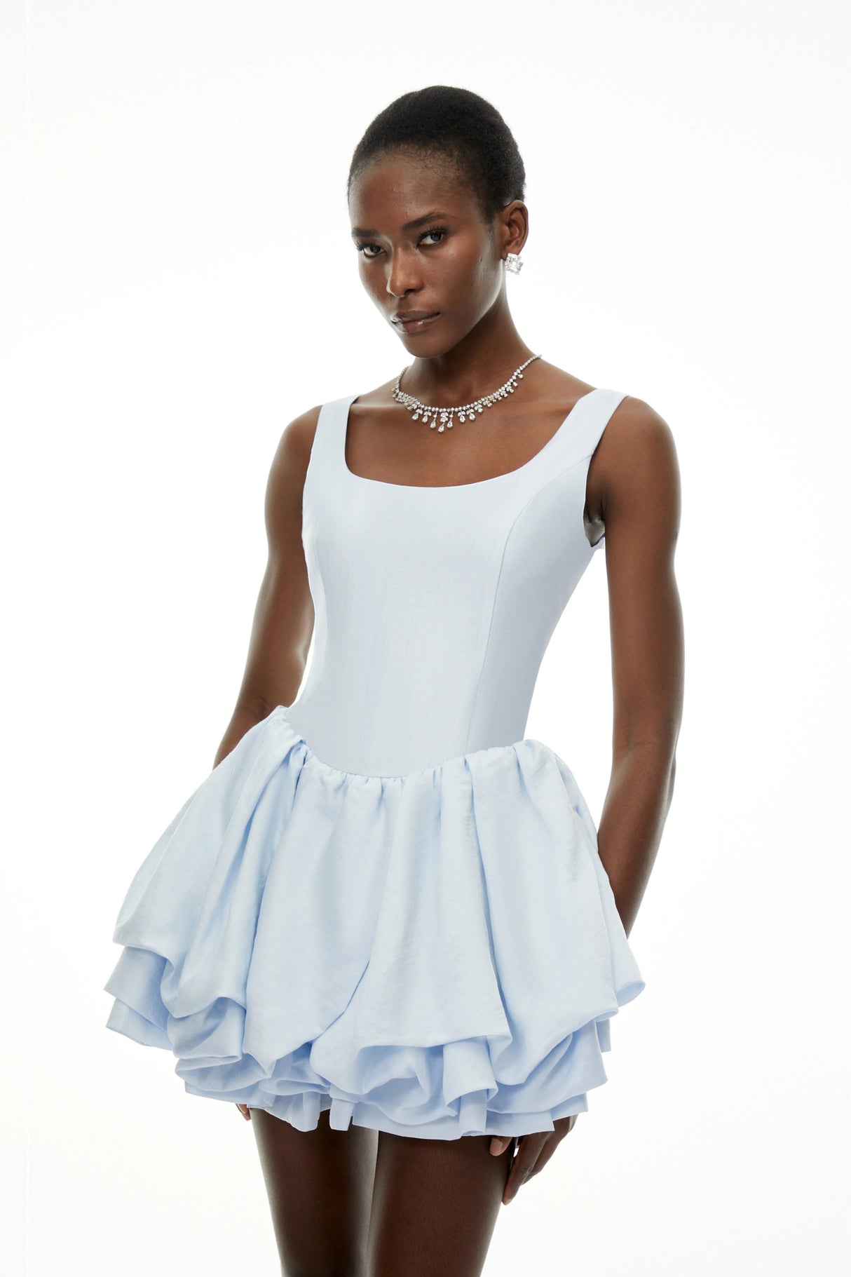 Giselle Dusty Blue Square Neck Tiered Mini Dress