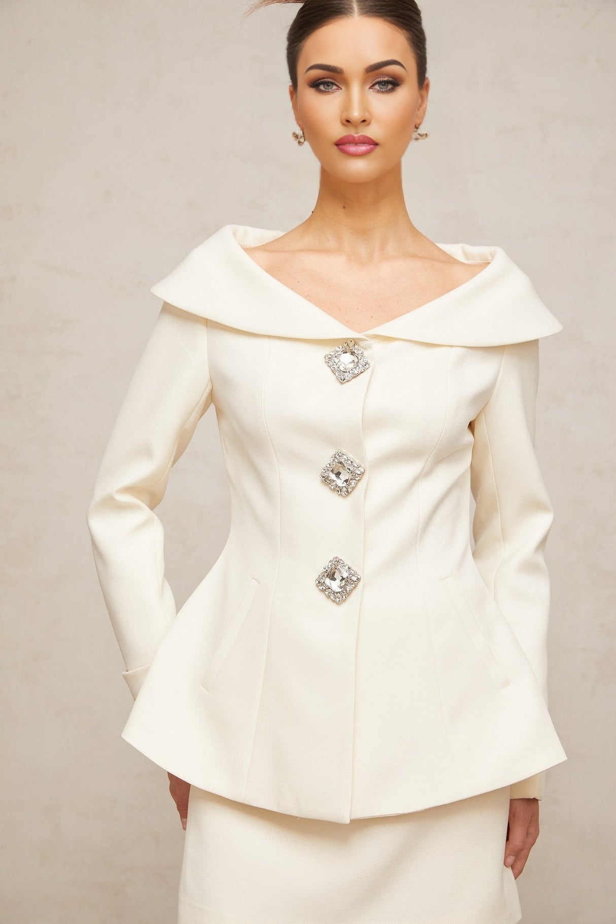 Giselle Jacket & Skirt Set - Elegant Twill Weave - Crystal - Embellished Buttons - Peplum Hem - Side Zip Fastening - Chic Design