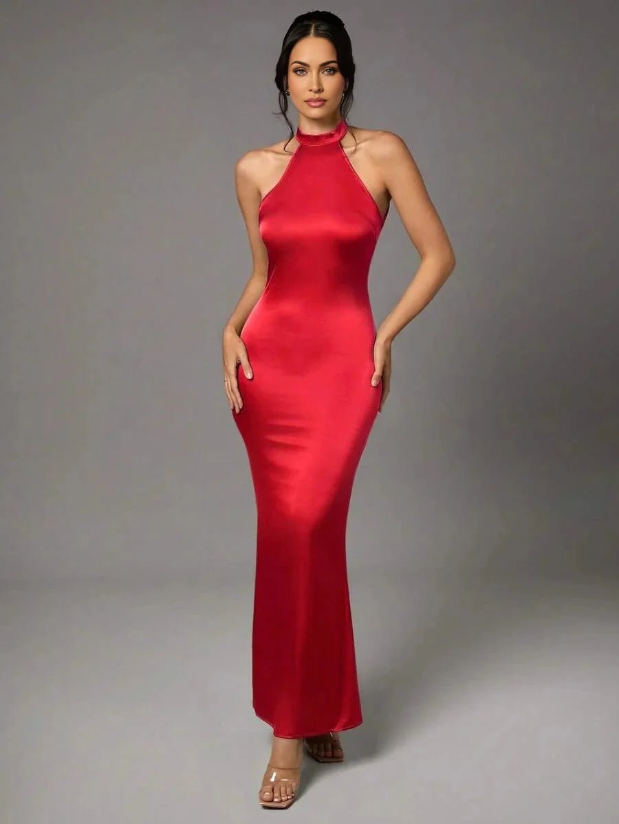 Giselle Maxi Dress - Asymmetrical Neckline - Mermaid Hem - Bodycon Fit - Backless Detail