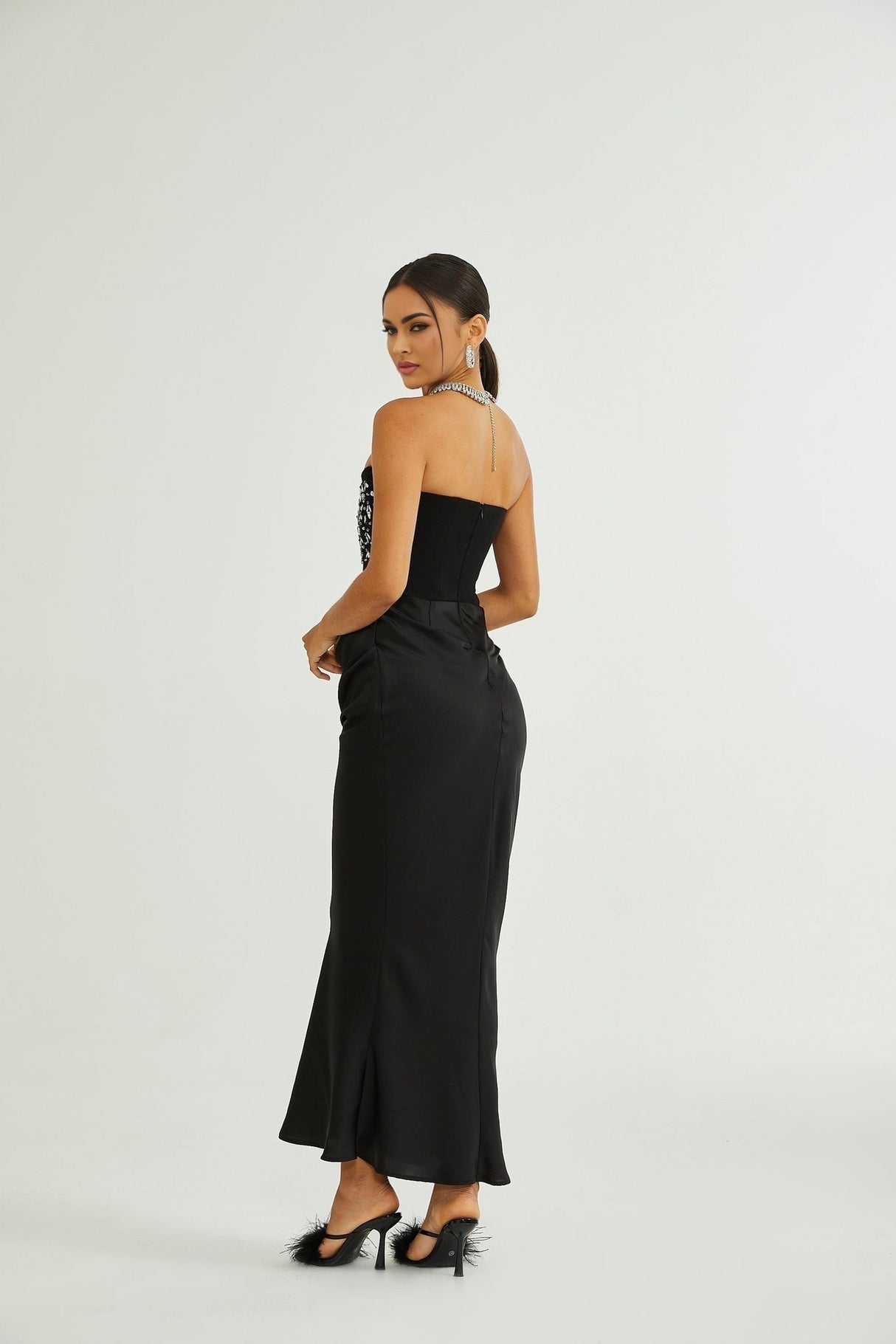Giselle Maxi Dress - Off the Shoulder - Pleated Design - Crystal Embellishment - Flared Hem - Rear Zip Fastening