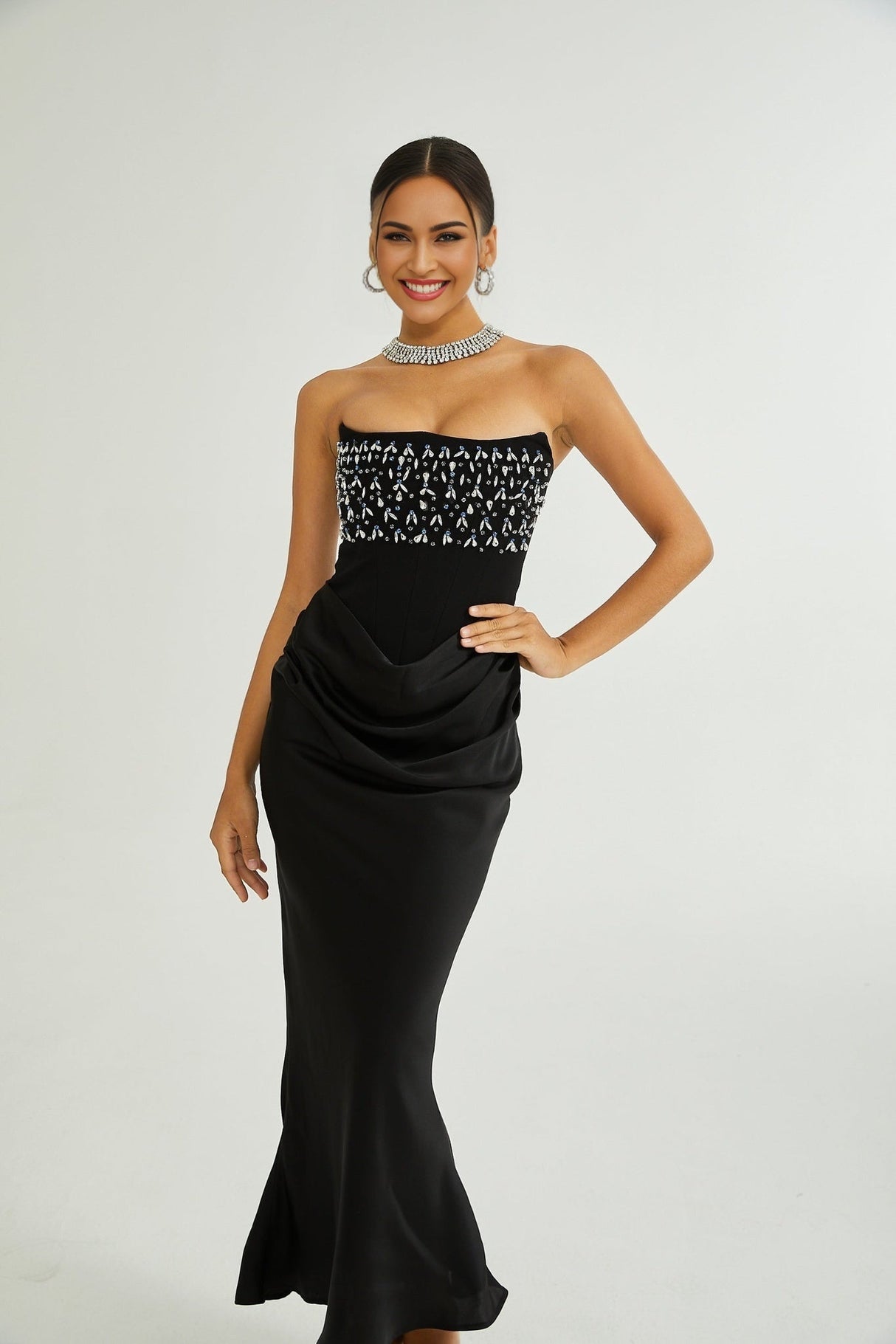 Giselle Maxi Dress - Off the Shoulder - Pleated Design - Crystal Embellishment - Flared Hem - Rear Zip Fastening