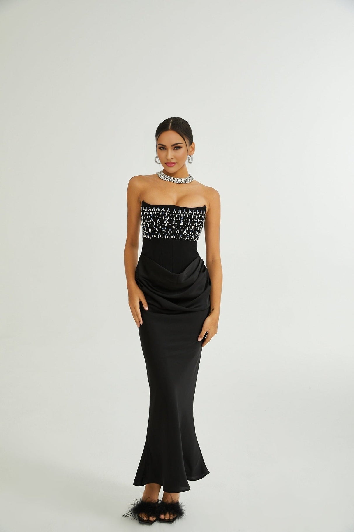Giselle Maxi Dress - Off the Shoulder - Pleated Design - Crystal Embellishment - Flared Hem - Rear Zip Fastening