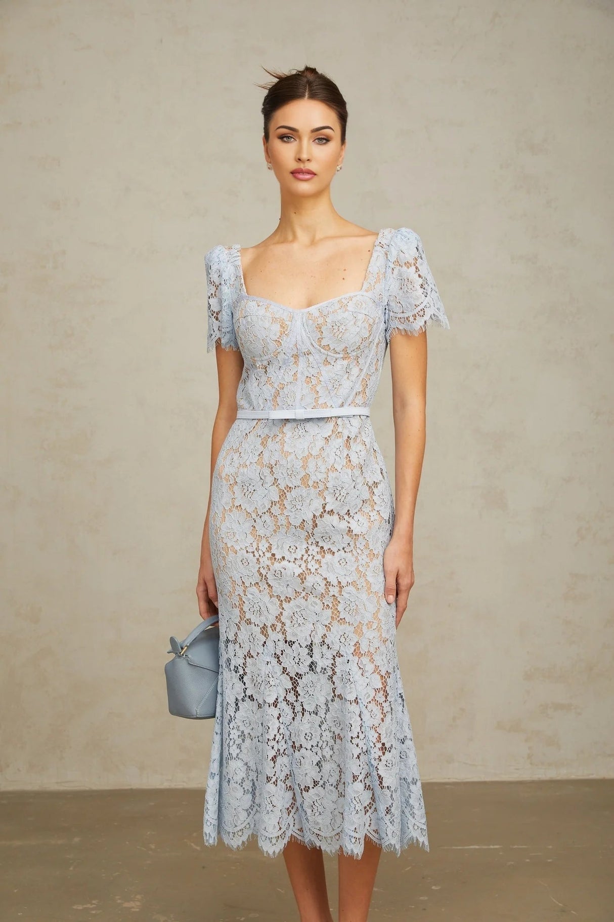 Giselle Midi Dress Blue Floral Lace Boned Belted Calf - Length Hem Scallop Trim