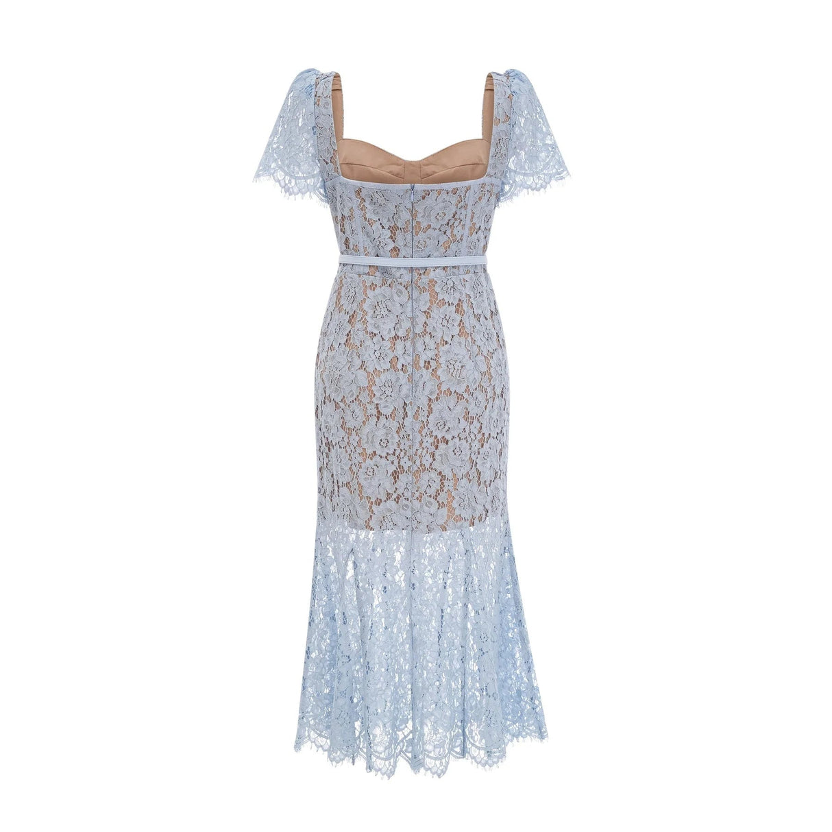 Giselle Midi Dress Blue Floral Lace Boned Belted Calf - Length Hem Scallop Trim