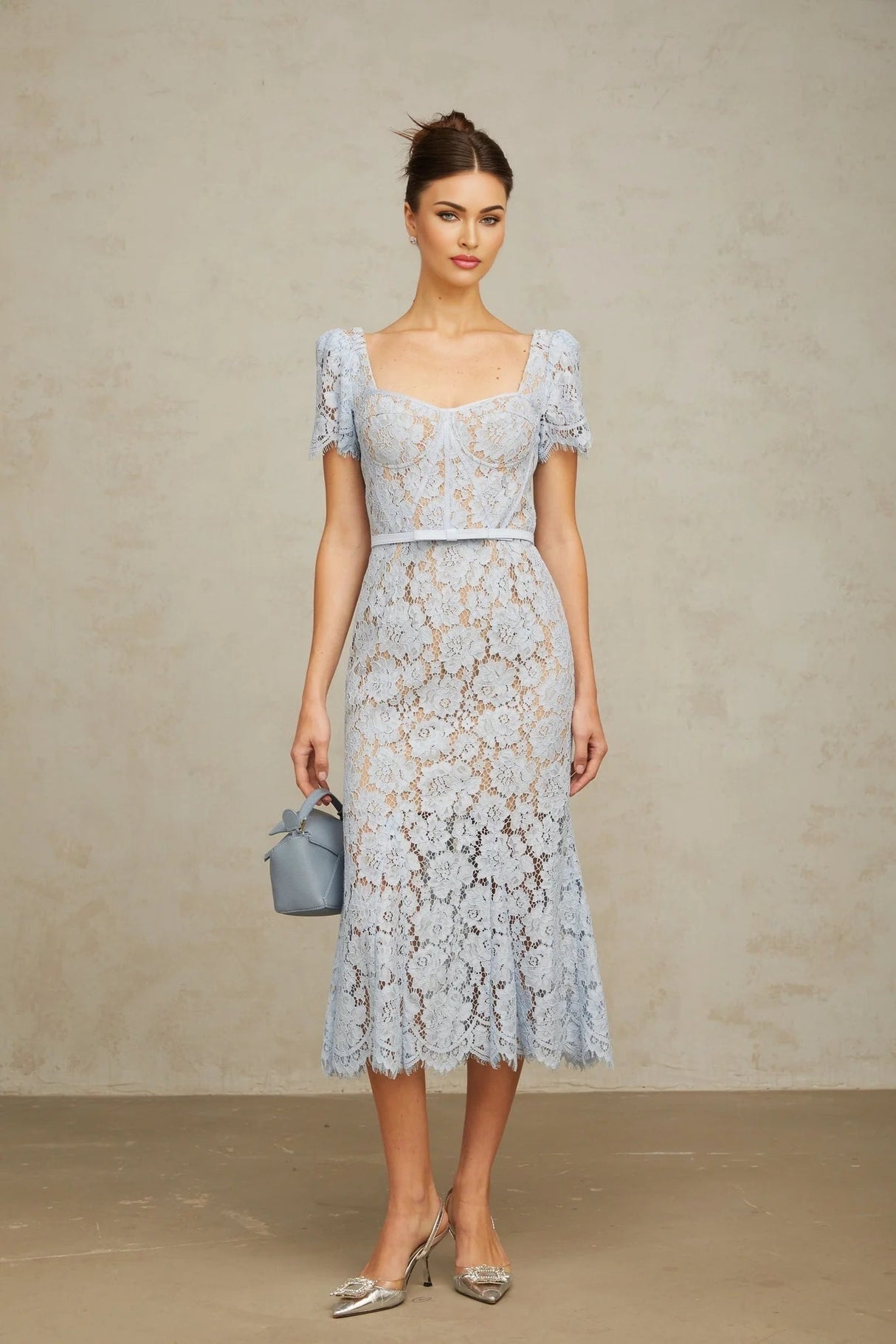 Giselle Midi Dress Blue Floral Lace Boned Belted Calf - Length Hem Scallop Trim