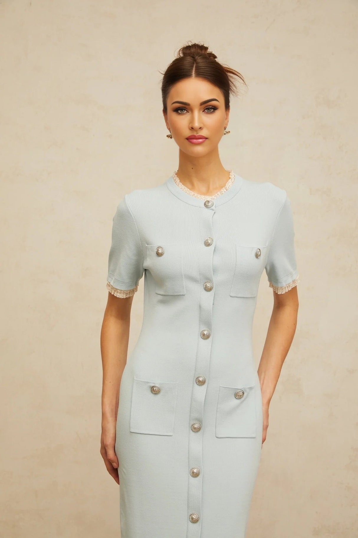 Giselle Midi Dress Light - Blue Knit Ruffle Trim Button Front Pencil Silhouette