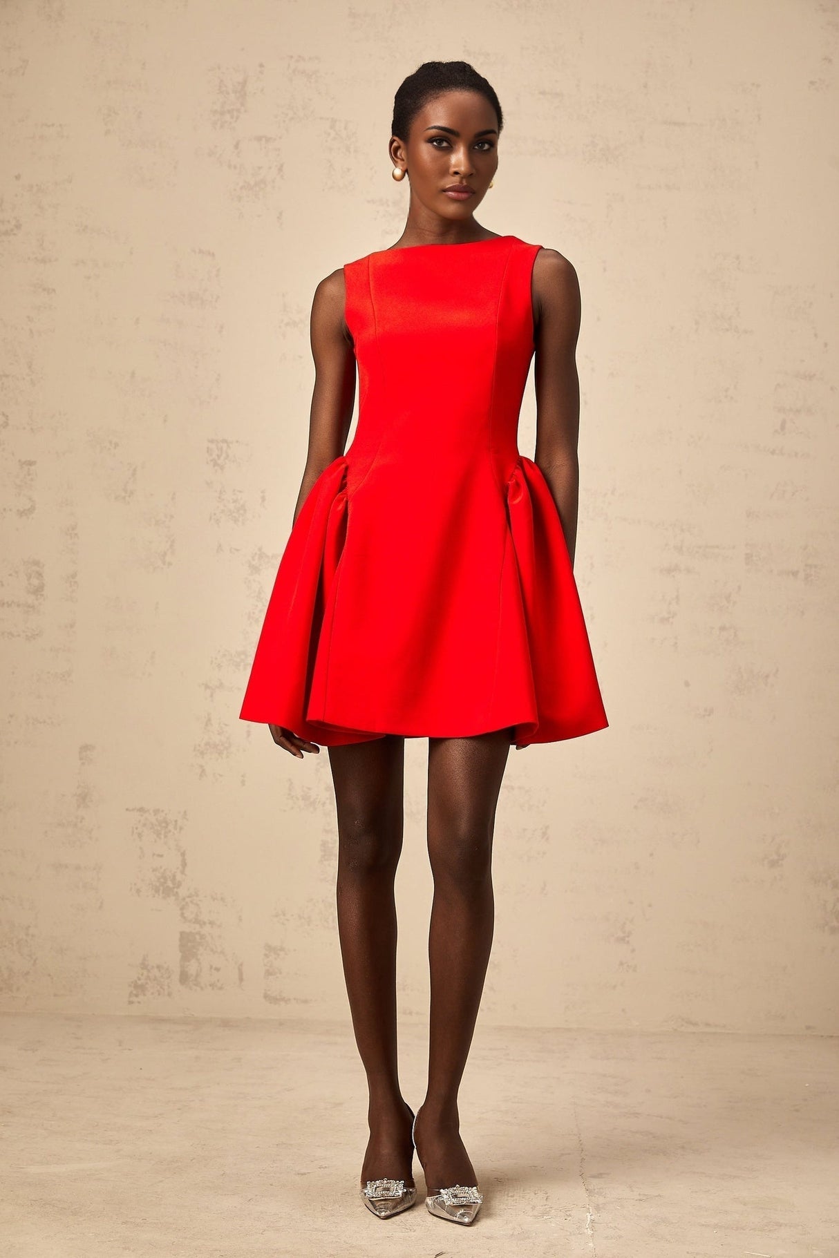 Giselle Mini Dress - Bateau Neckline - Sleeveless - Scoop Back - Fitted Waist with Ruched Detailing
