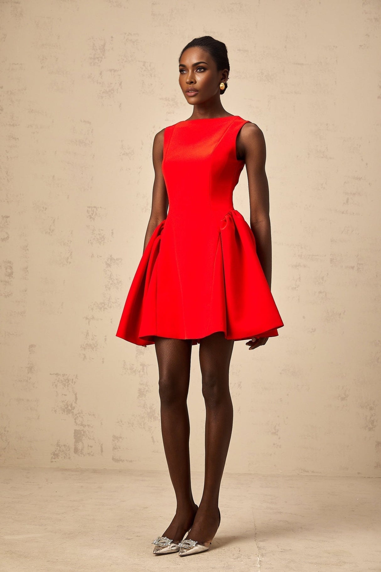 Giselle Mini Dress - Bateau Neckline - Sleeveless - Scoop Back - Fitted Waist with Ruched Detailing