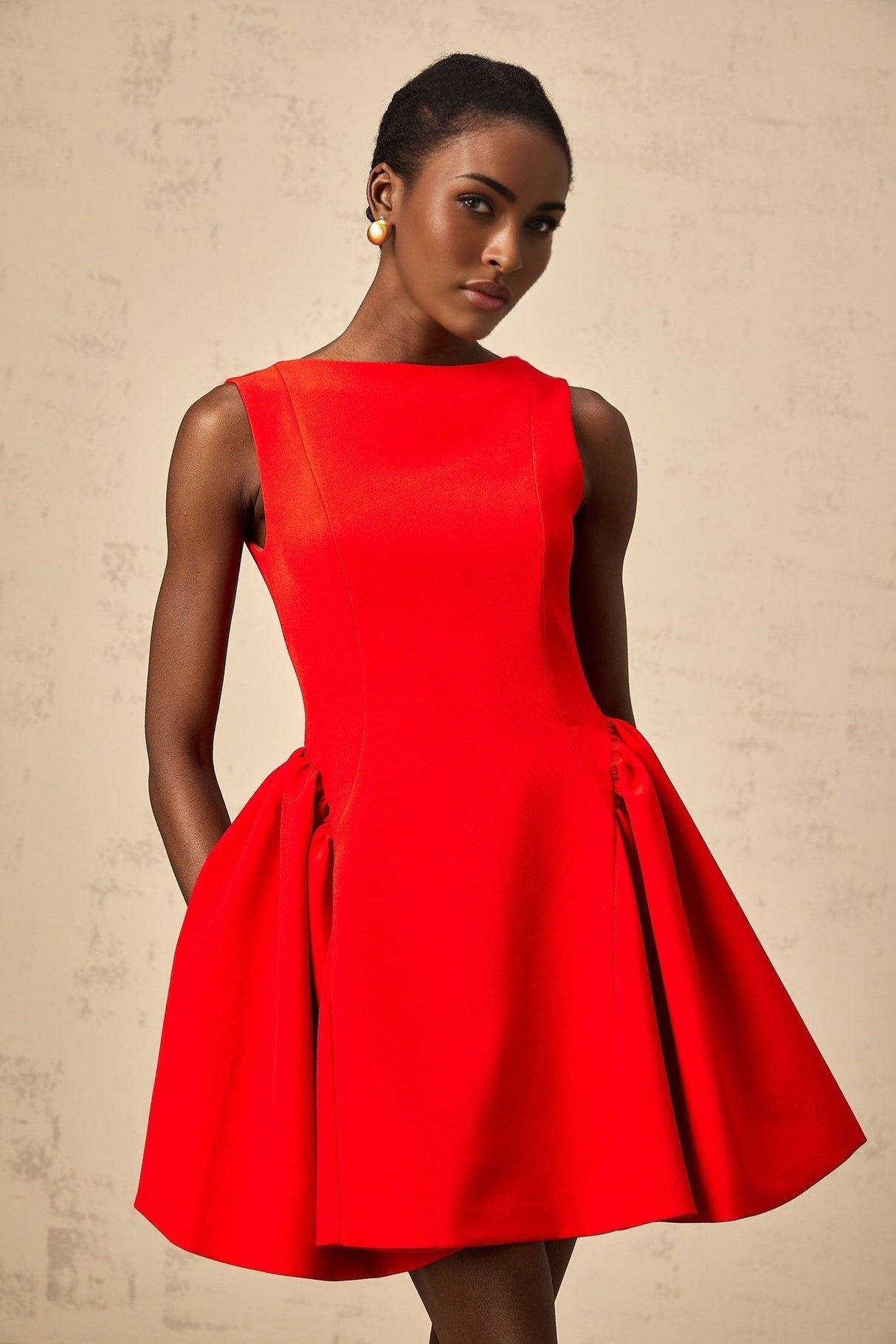 Giselle Mini Dress - Bateau Neckline - Sleeveless - Scoop Back - Fitted Waist with Ruched Detailing