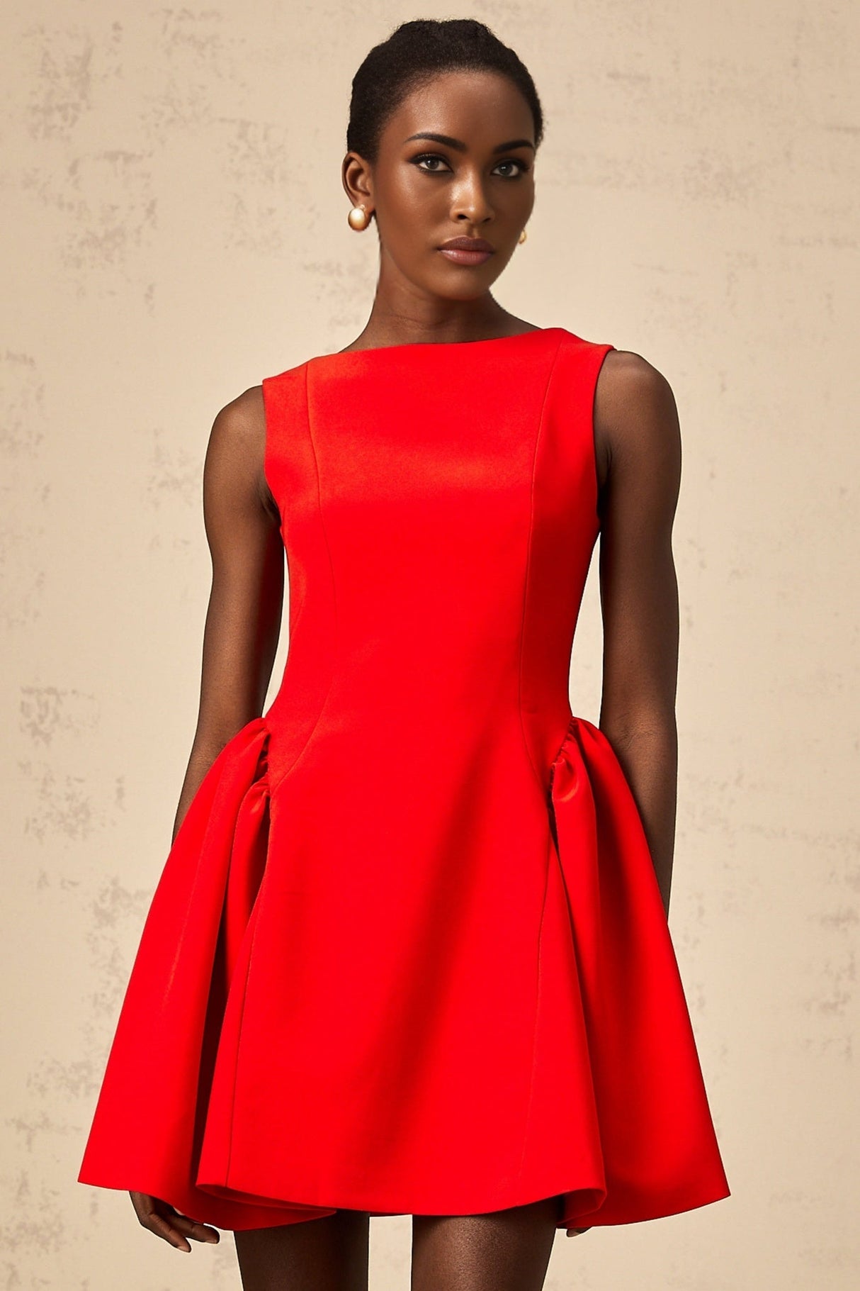 Giselle Mini Dress - Bateau Neckline - Sleeveless - Scoop Back - Fitted Waist with Ruched Detailing