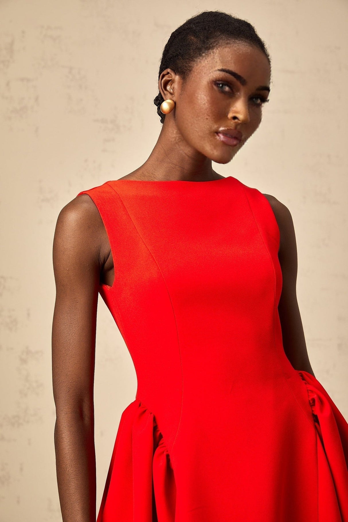 Giselle Mini Dress - Bateau Neckline - Sleeveless - Scoop Back - Fitted Waist with Ruched Detailing