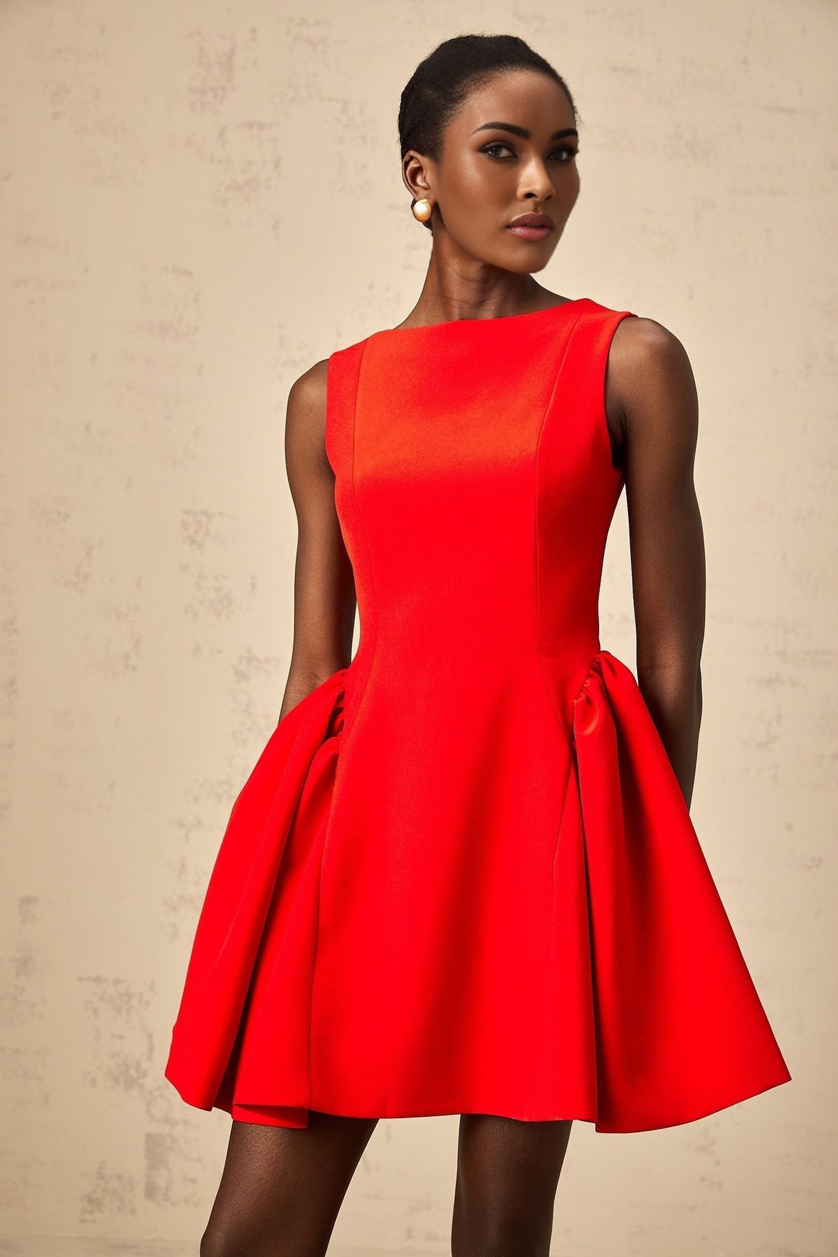 Giselle Mini Dress - Bateau Neckline - Sleeveless - Scoop Back - Fitted Waist with Ruched Detailing