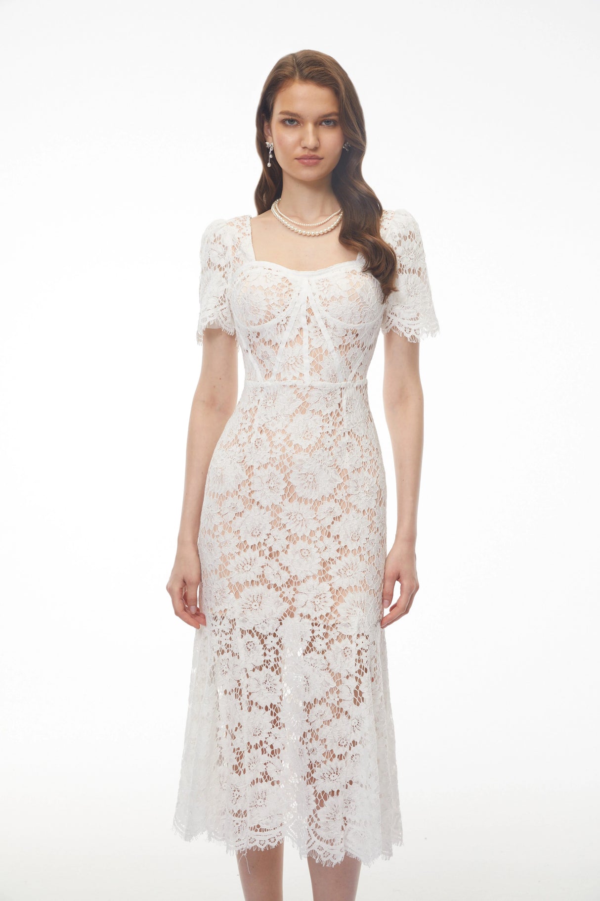 Giselle White Puff Sleeve Floral Lace Midi Dress
