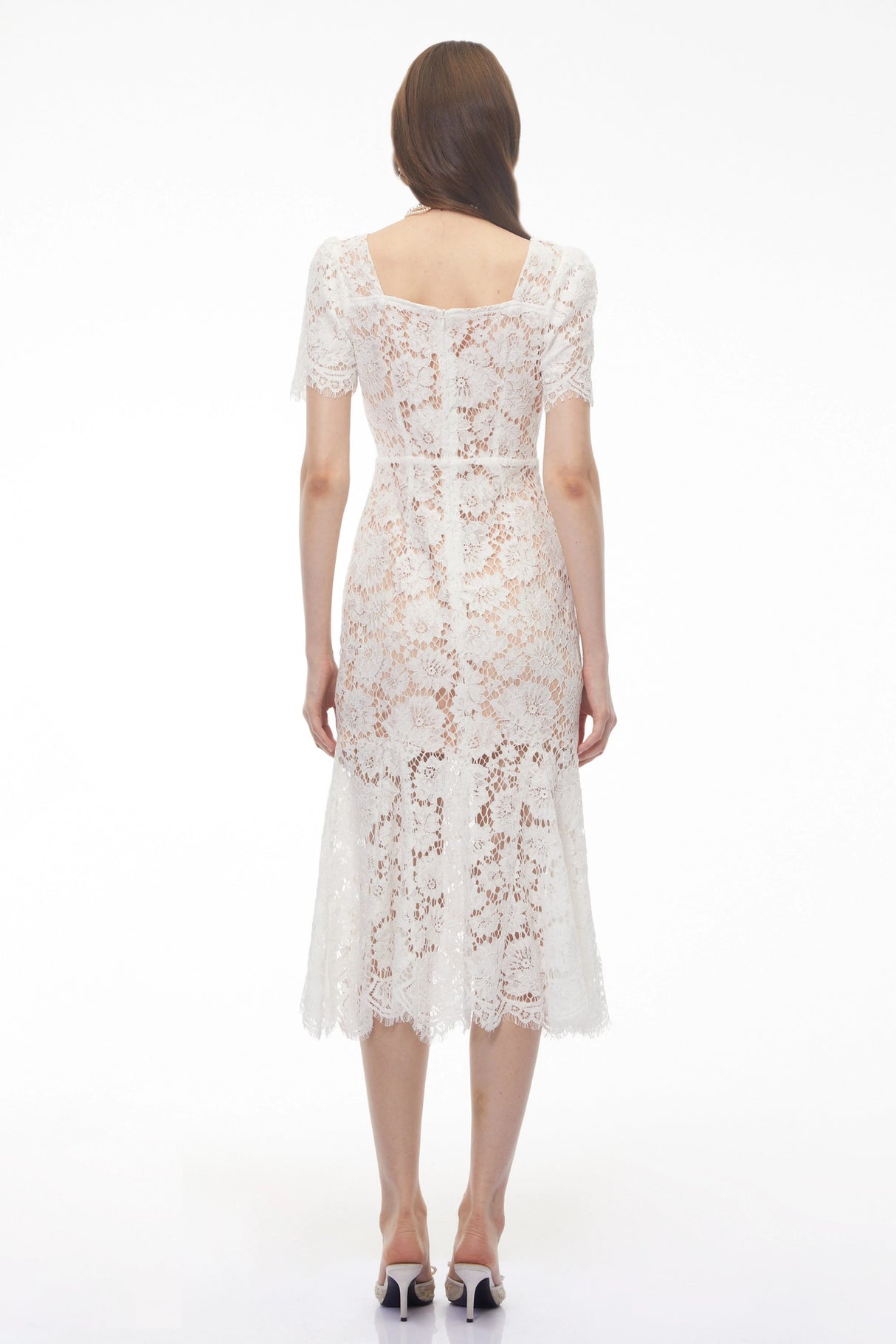 Giselle White Puff Sleeve Floral Lace Midi Dress