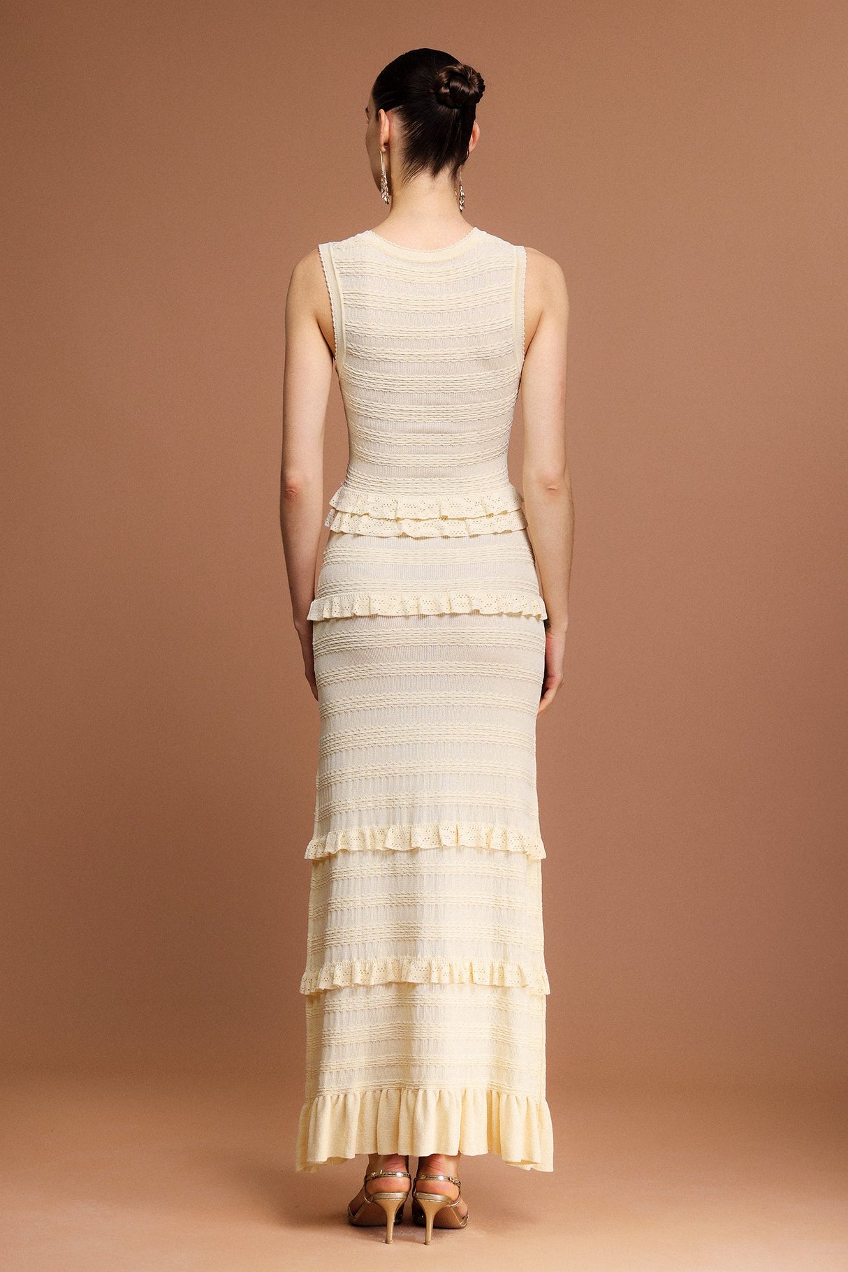 Giuditta Beige Maxi Dress with Ruffles Round Neckline High Quality Materials