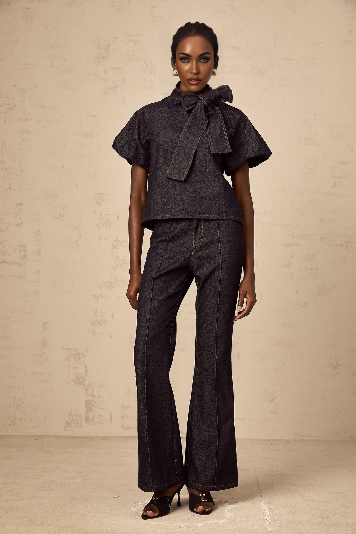 Giuditta Denim Blouse & Jeans Set - Ribbon Tie - Neck Detailing - Short Puff Sleeves - Flared Hem - Classic Five Pockets