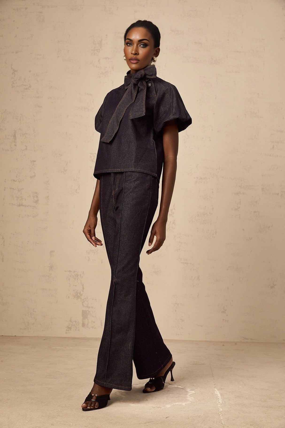 Giuditta Denim Blouse & Jeans Set - Ribbon Tie - Neck Detailing - Short Puff Sleeves - Flared Hem - Classic Five Pockets