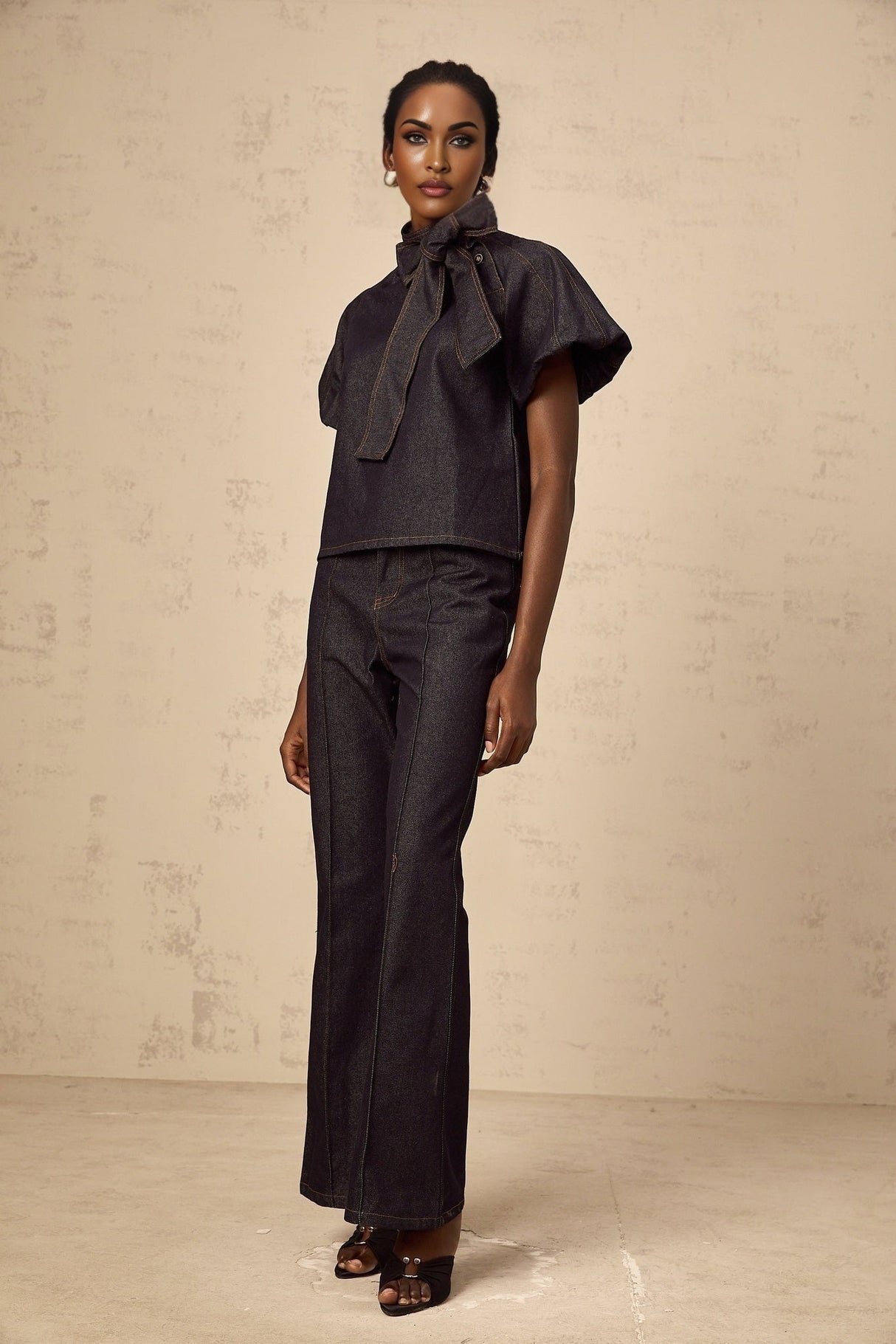 Giuditta Denim Blouse & Jeans Set - Ribbon Tie - Neck Detailing - Short Puff Sleeves - Flared Hem - Classic Five Pockets