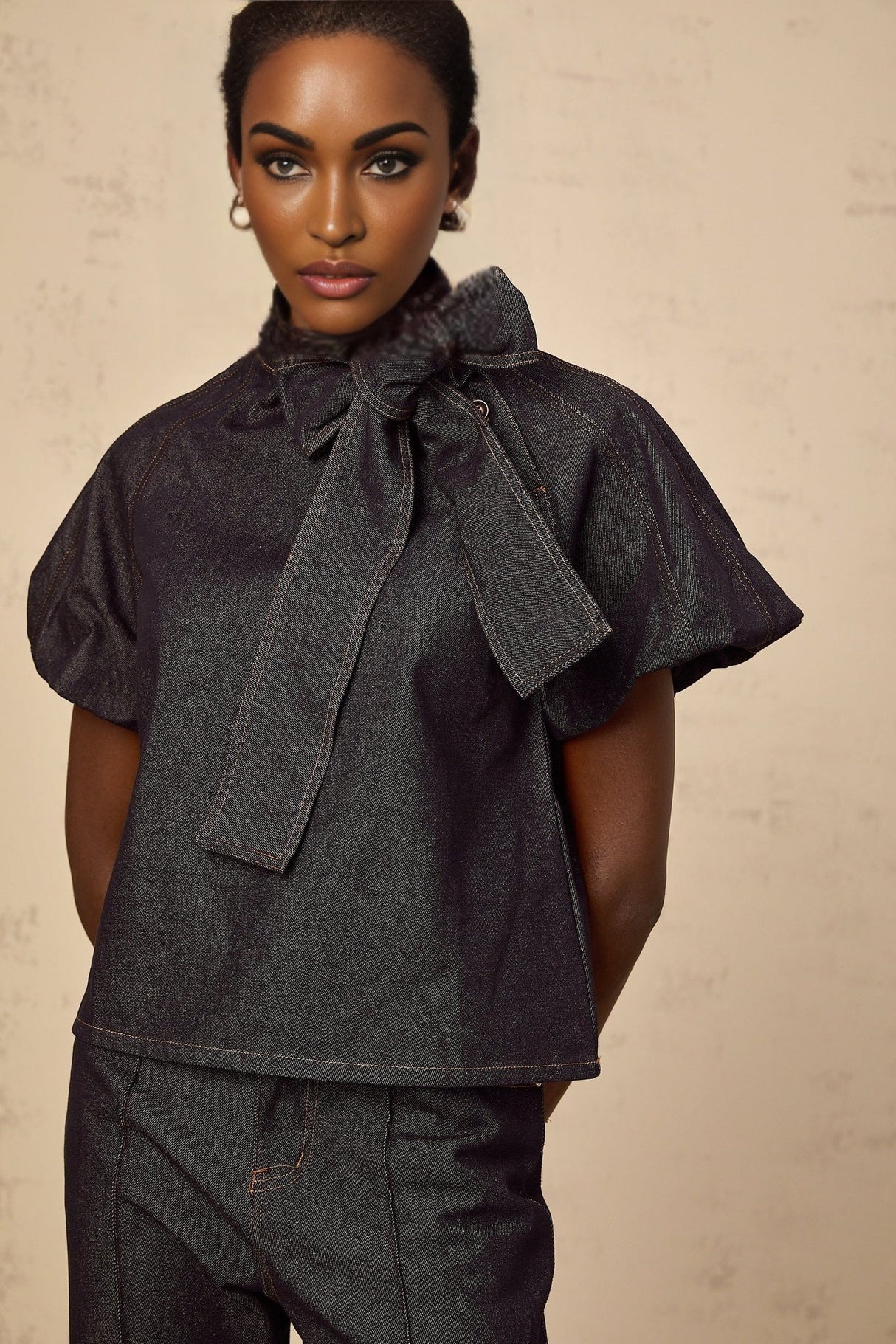 Giuditta Denim Blouse & Jeans Set - Ribbon Tie - Neck Detailing - Short Puff Sleeves - Flared Hem - Classic Five Pockets