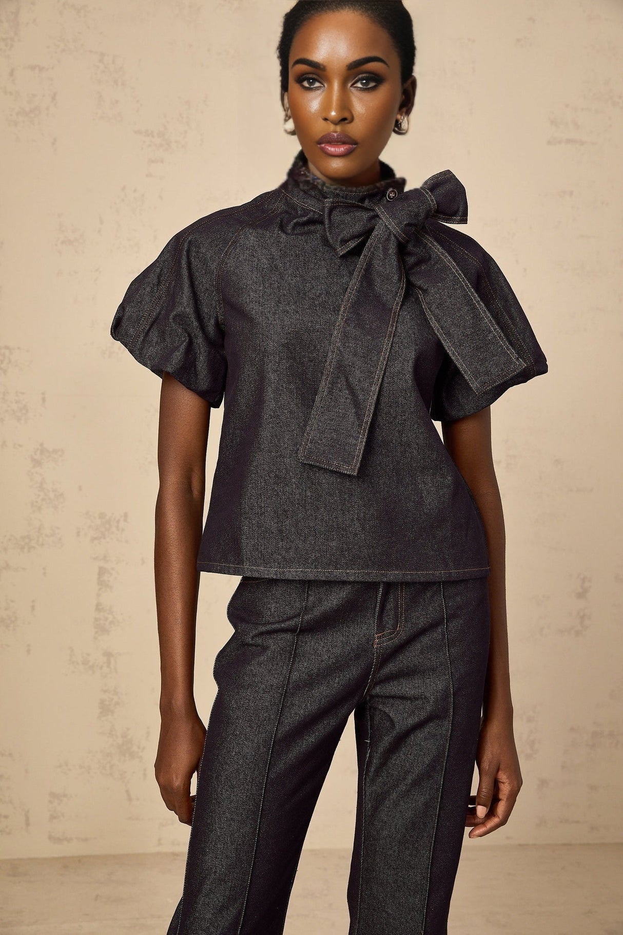 Giuditta Denim Blouse & Jeans Set - Ribbon Tie - Neck Detailing - Short Puff Sleeves - Flared Hem - Classic Five Pockets