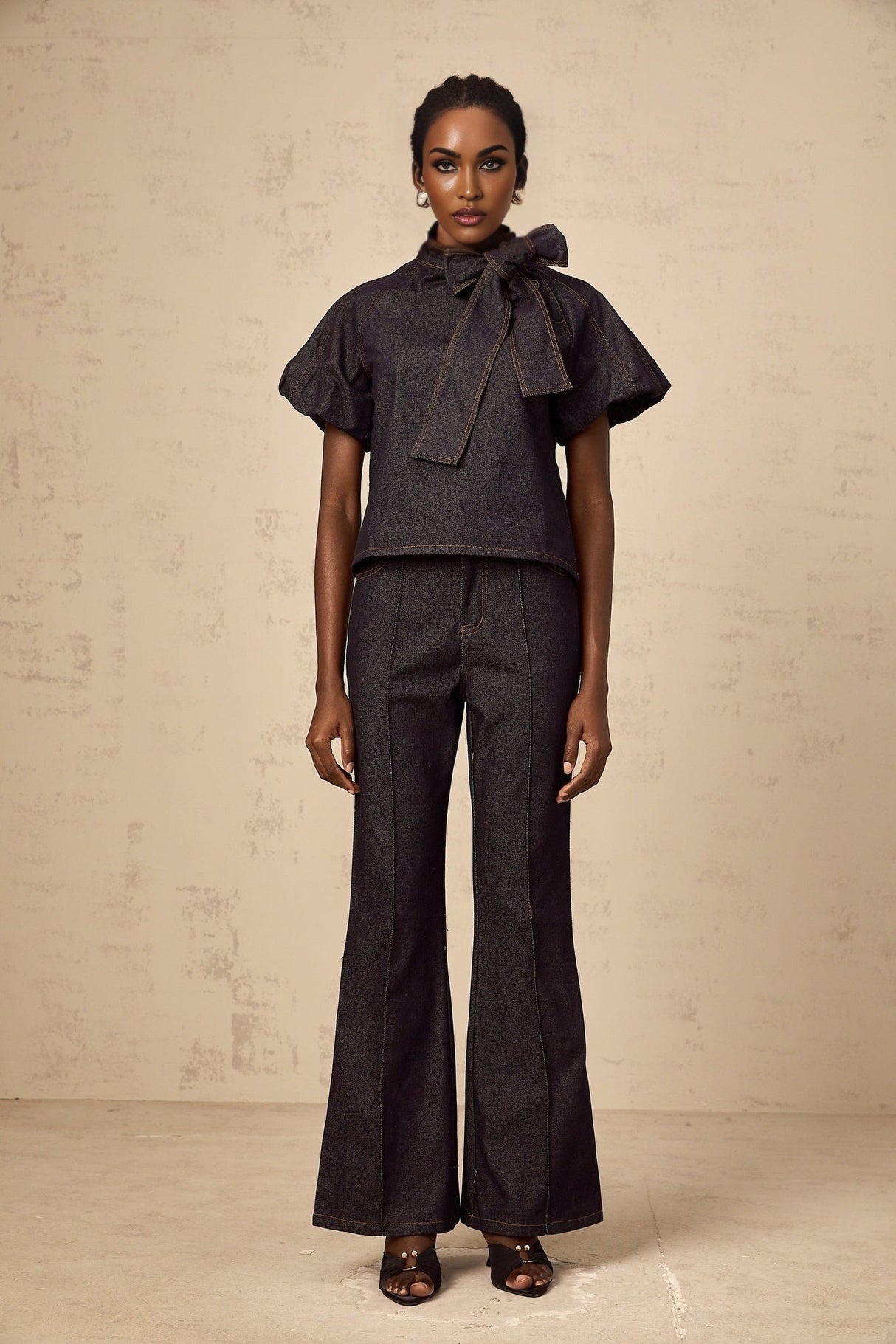 Giuditta Denim Blouse & Jeans Set - Ribbon Tie - Neck Detailing - Short Puff Sleeves - Flared Hem - Classic Five Pockets